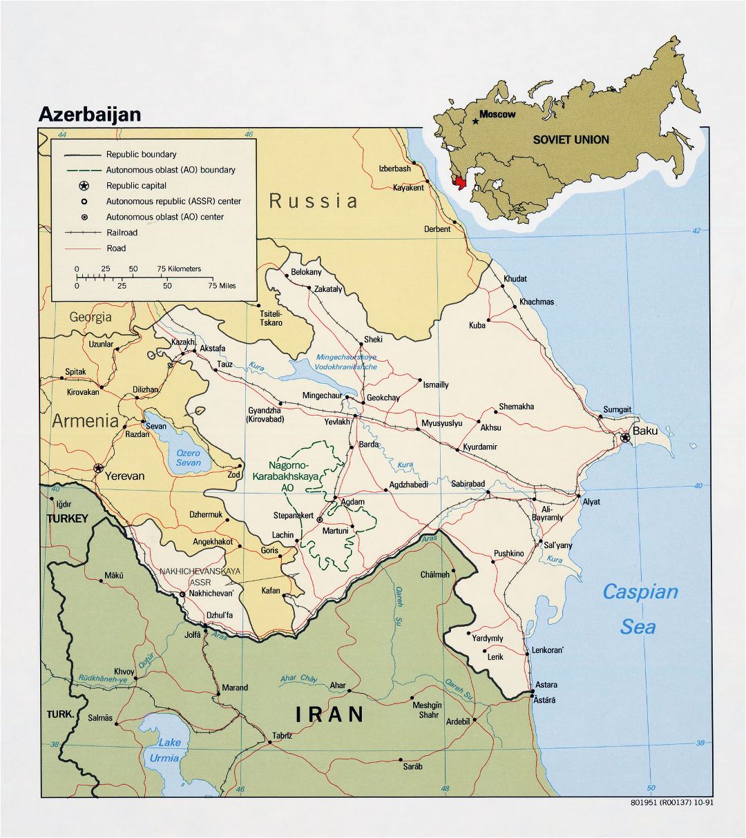 Large detailed political map of Azerbaijan with roads, railroads and major cities - 1991