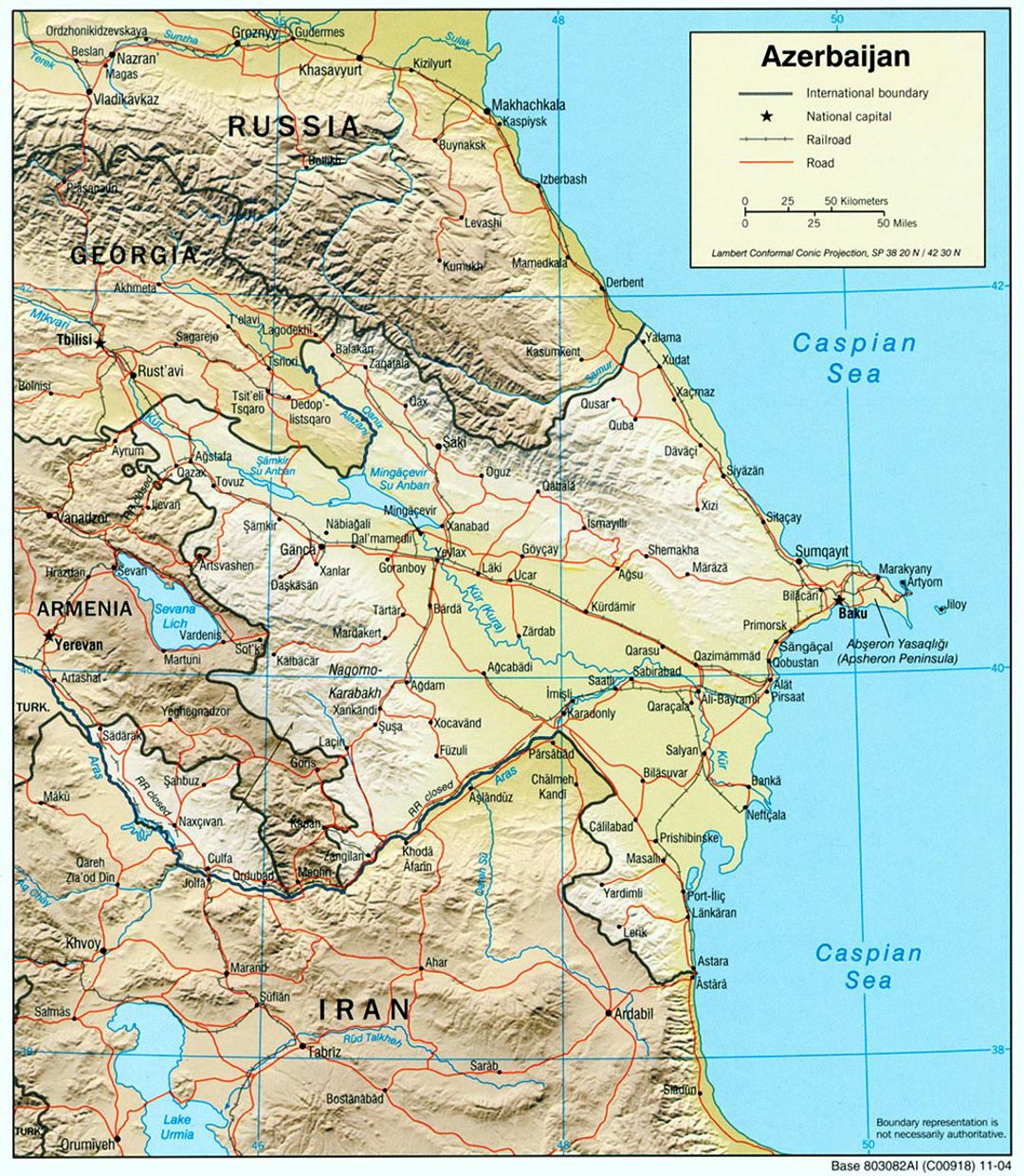 Large political map of Azerbaijan with relief, roads, railroads and cities - 2004