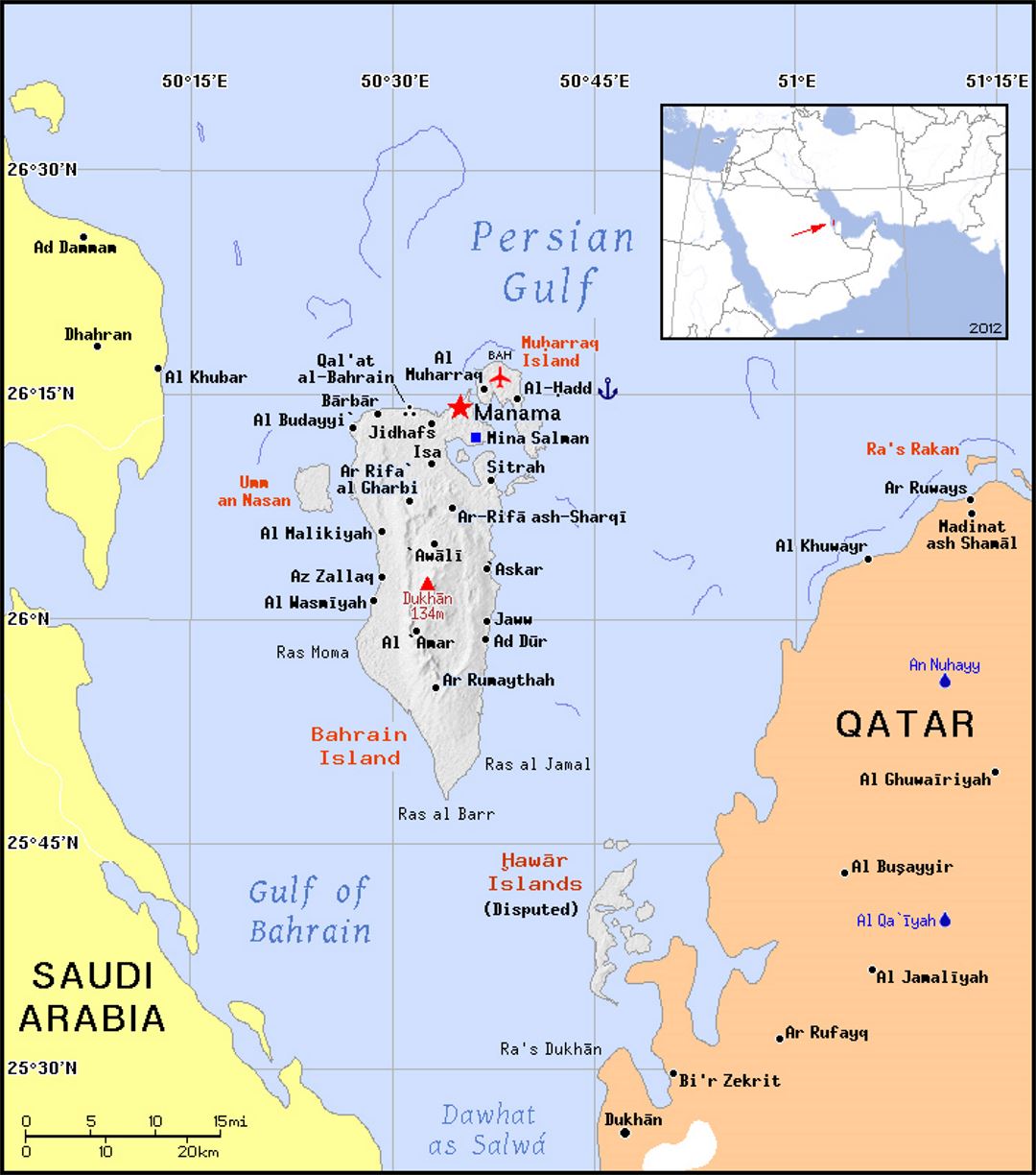 Detailed political map of Bahrain with relief
