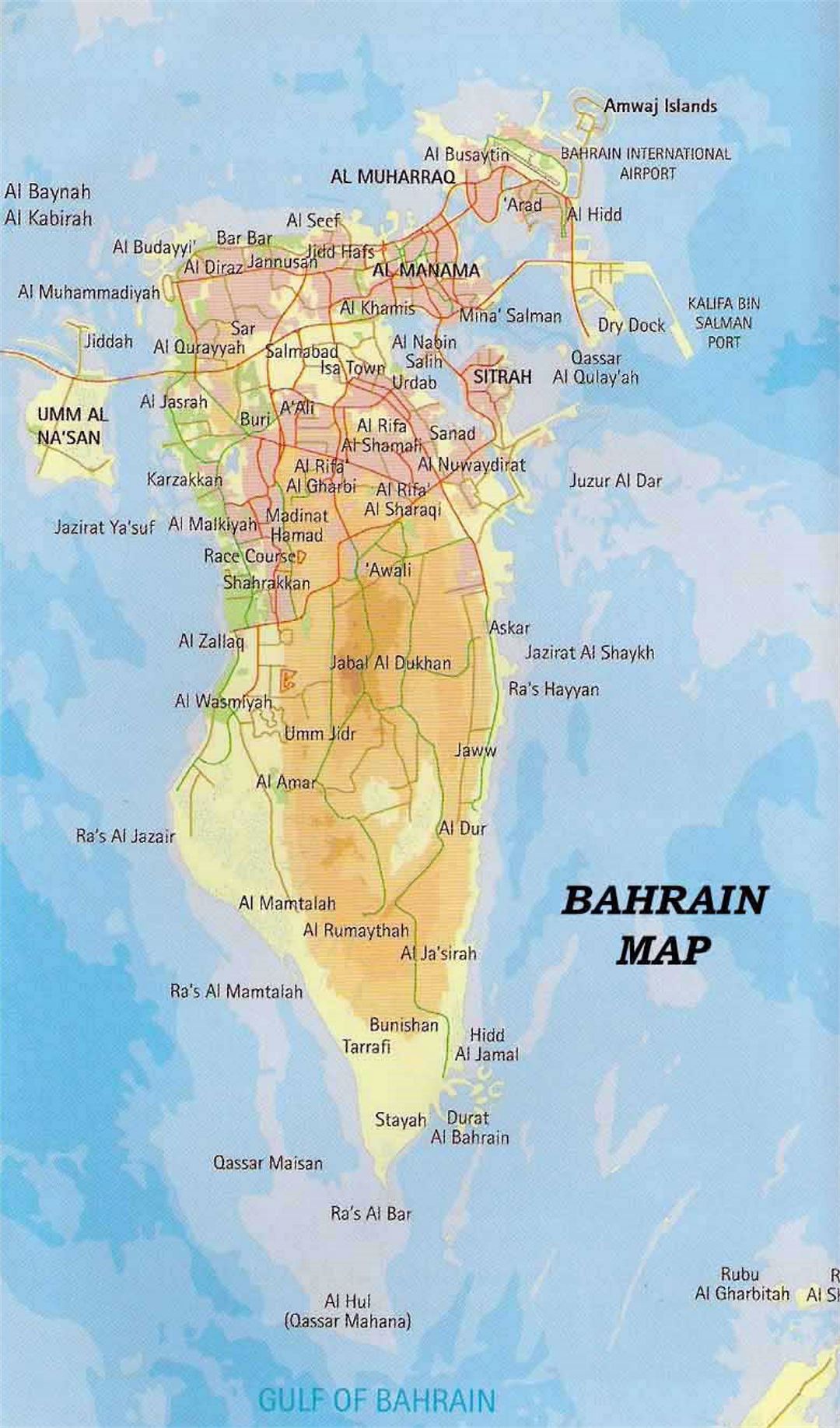 Detailed road and elevation map of Bahrain