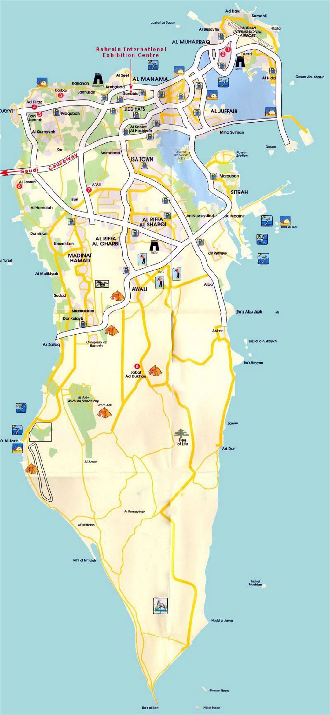 Detailed tourist map of Bahrain with roads