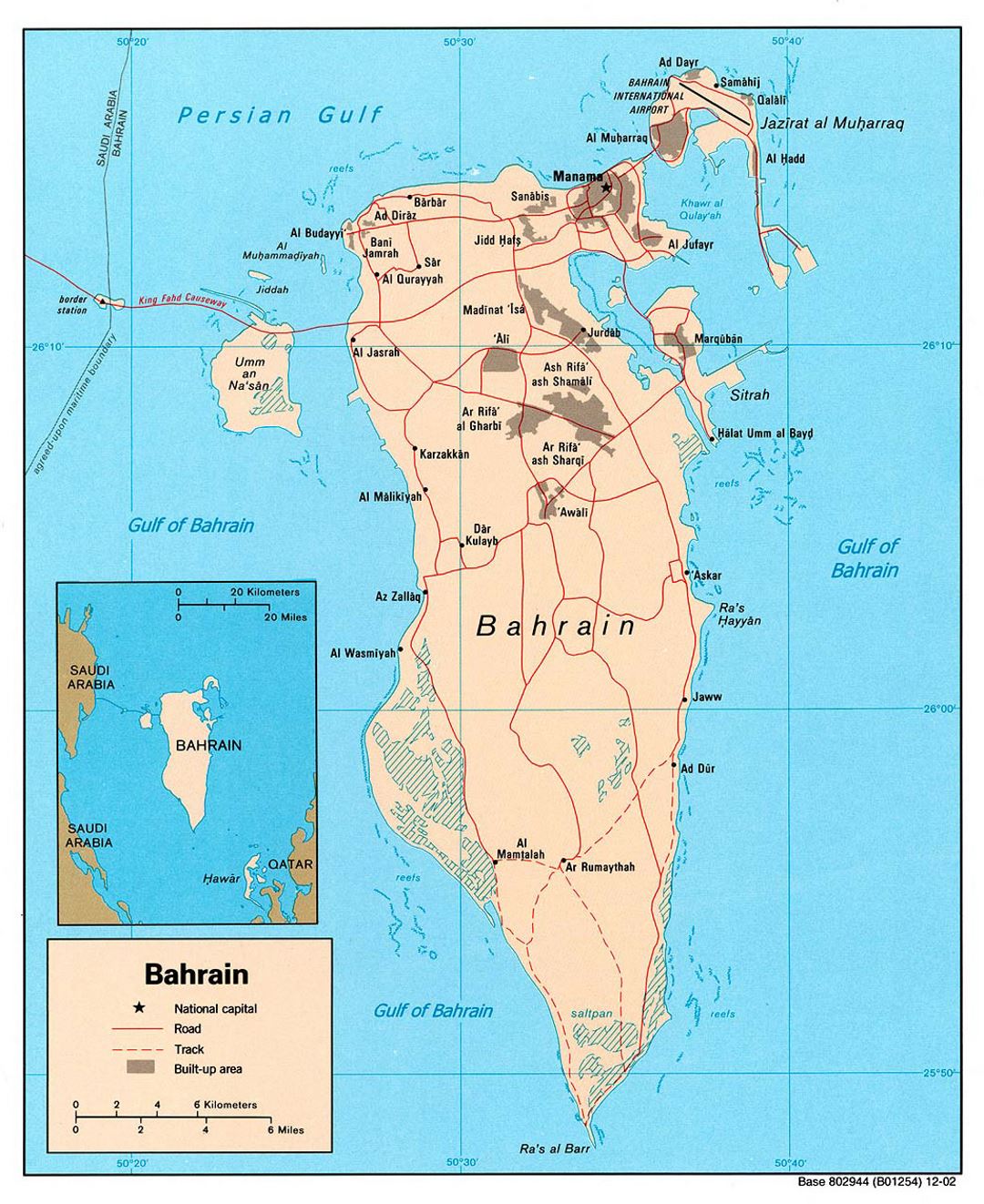 Large detailed political map of Bahrain with roads and cities - 2002