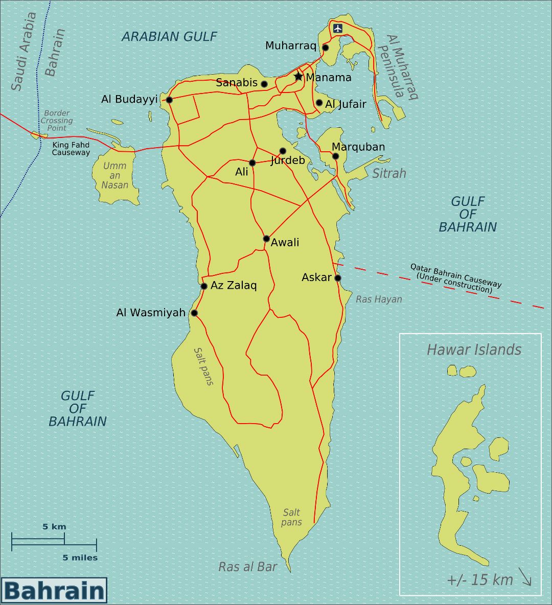 Large map of Bahrain with roads, cities and airports