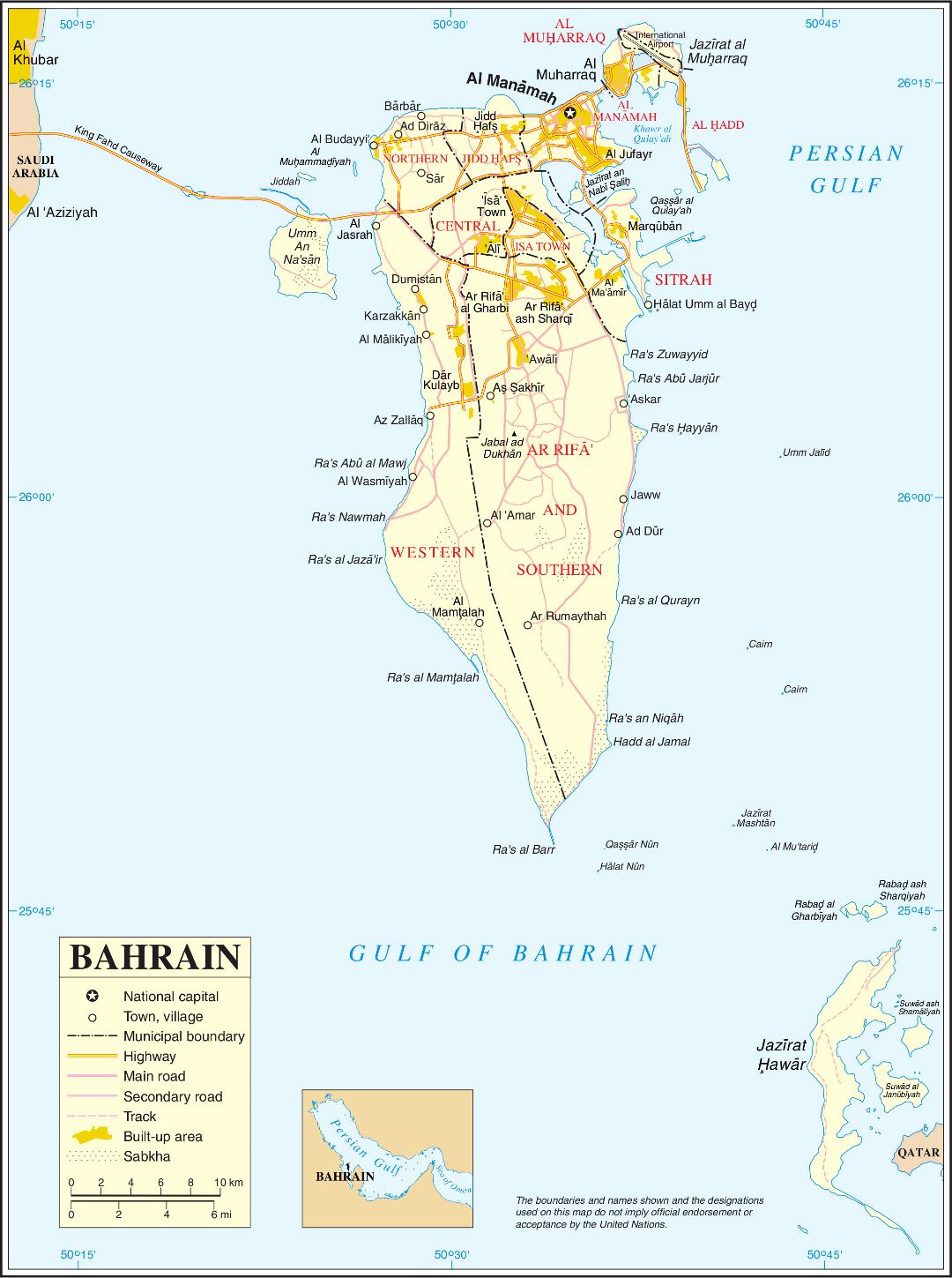 Large scale political map of Bahrain with all roads and cities