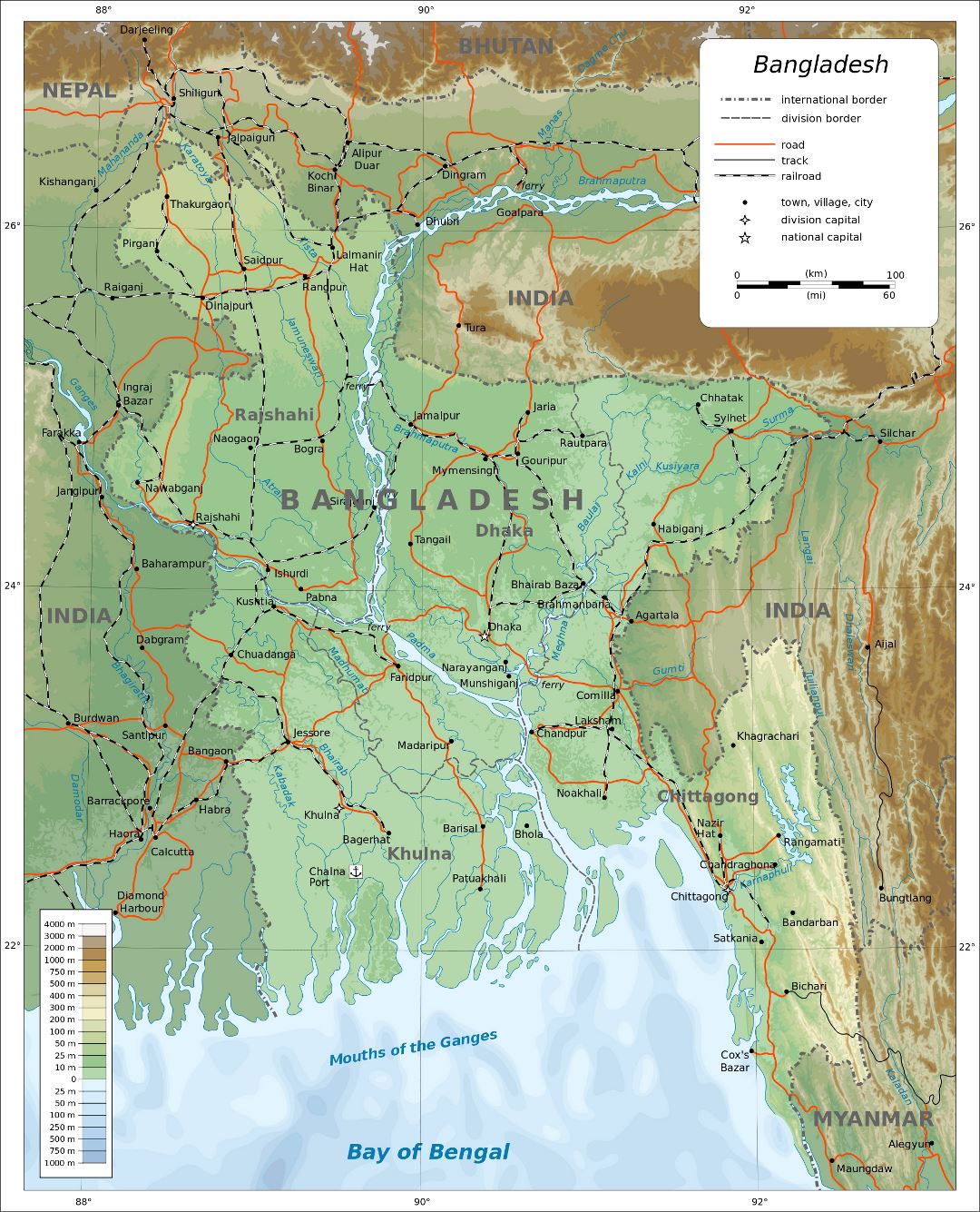 Large detailed physical map of Bangladesh