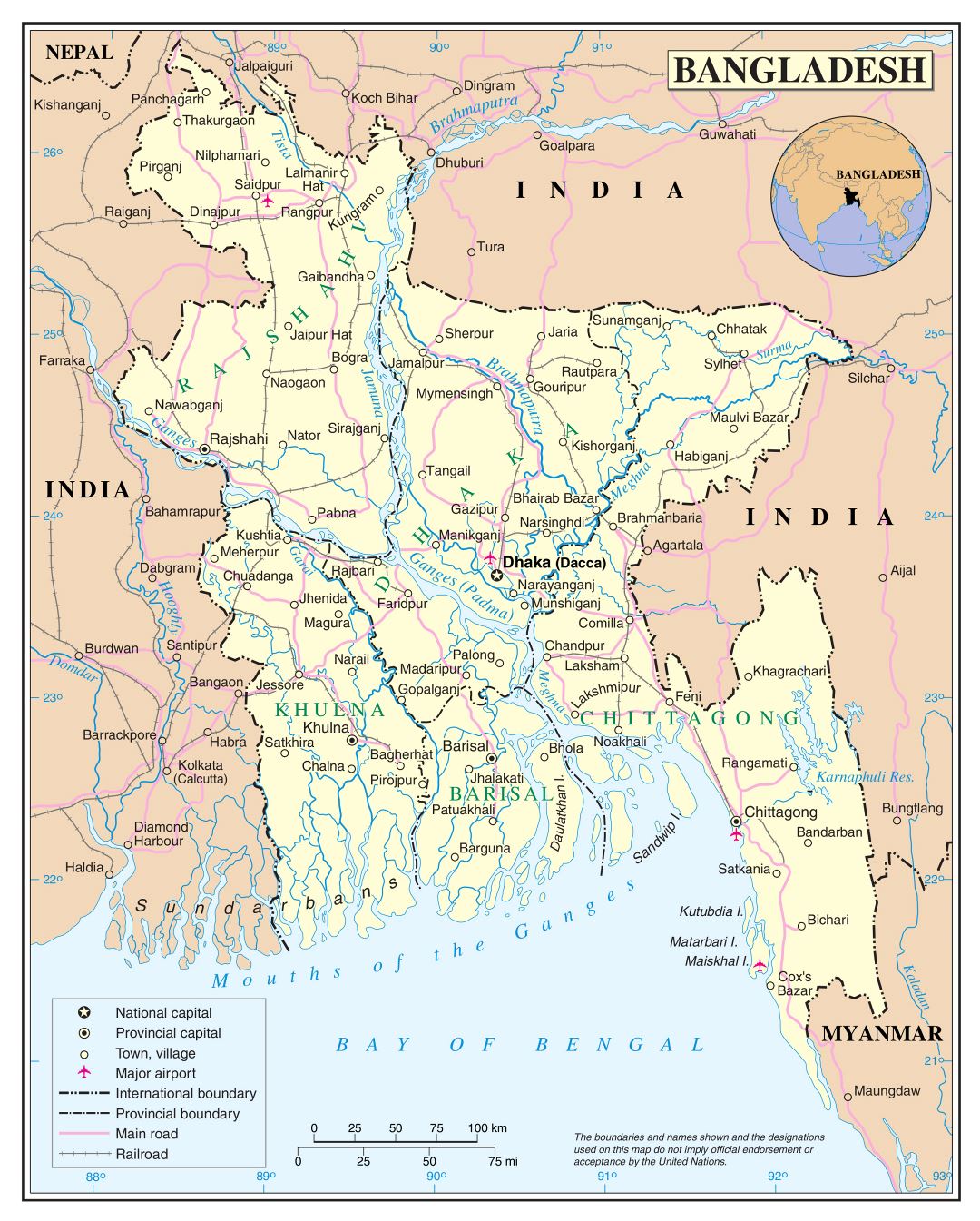 Large detailed political and administrative map of Bangladesh with roads, railroads, cities and airports