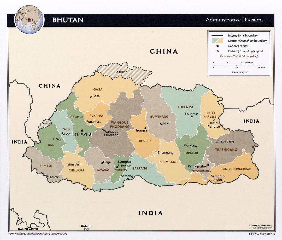 Large administrative divisions map of Bhutan - 2012