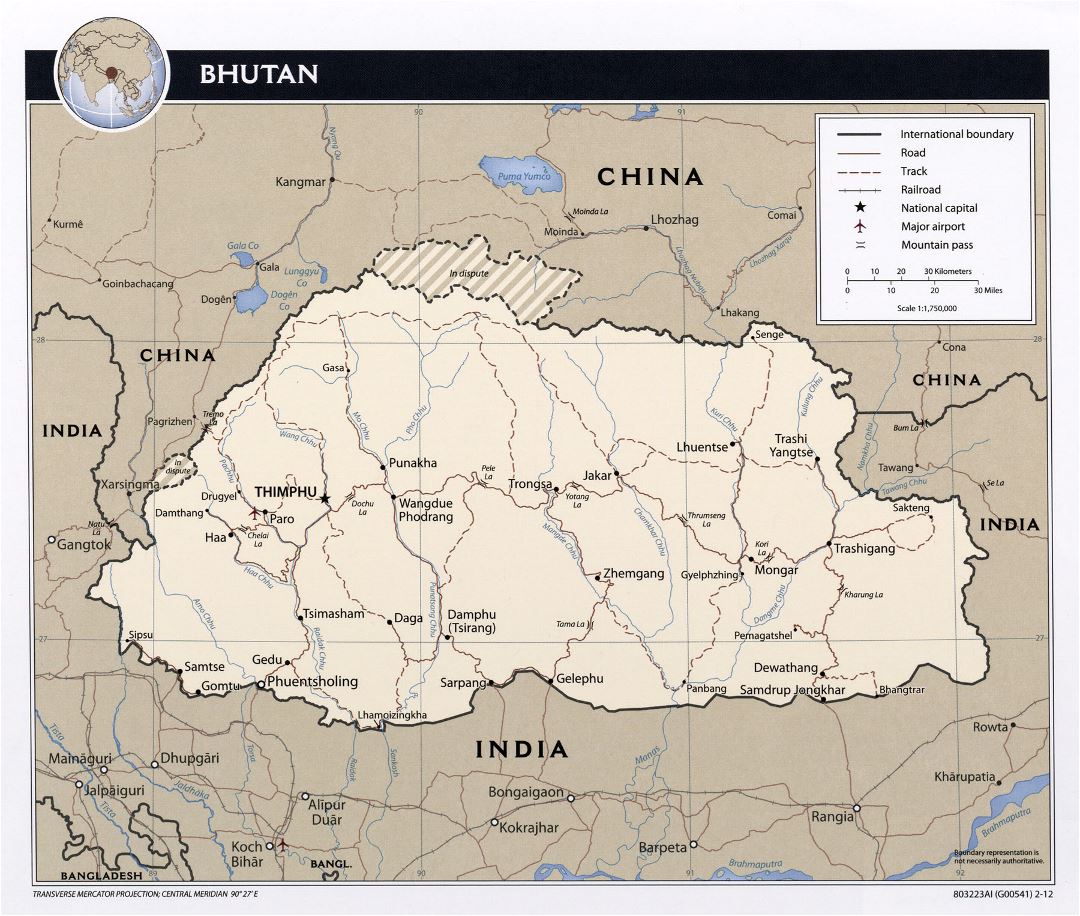 Large political map of Bhutan with roads, railroads, major cities and airports - 2012