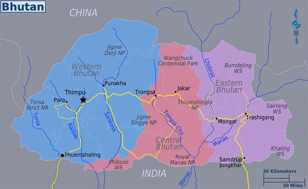 Large regions map of Bhutan