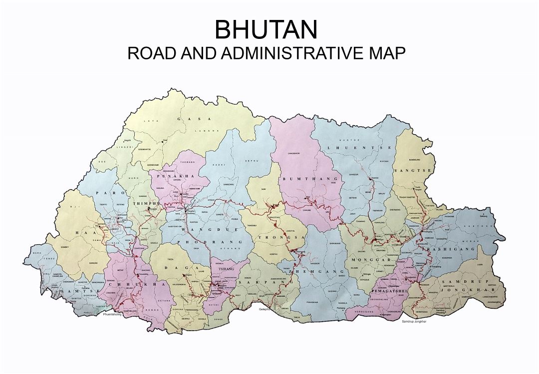 Large road and administrative map of Bhutan