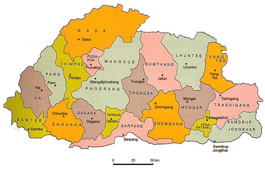 Small color administrative map of Bhutan