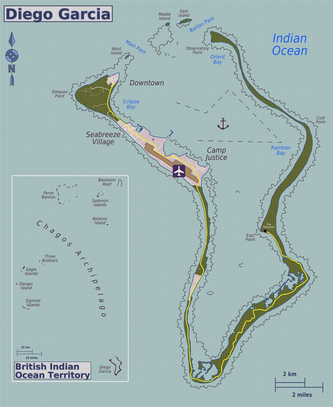 Large detailed map of Diego Garcia island (British Indian Ocean Territory)