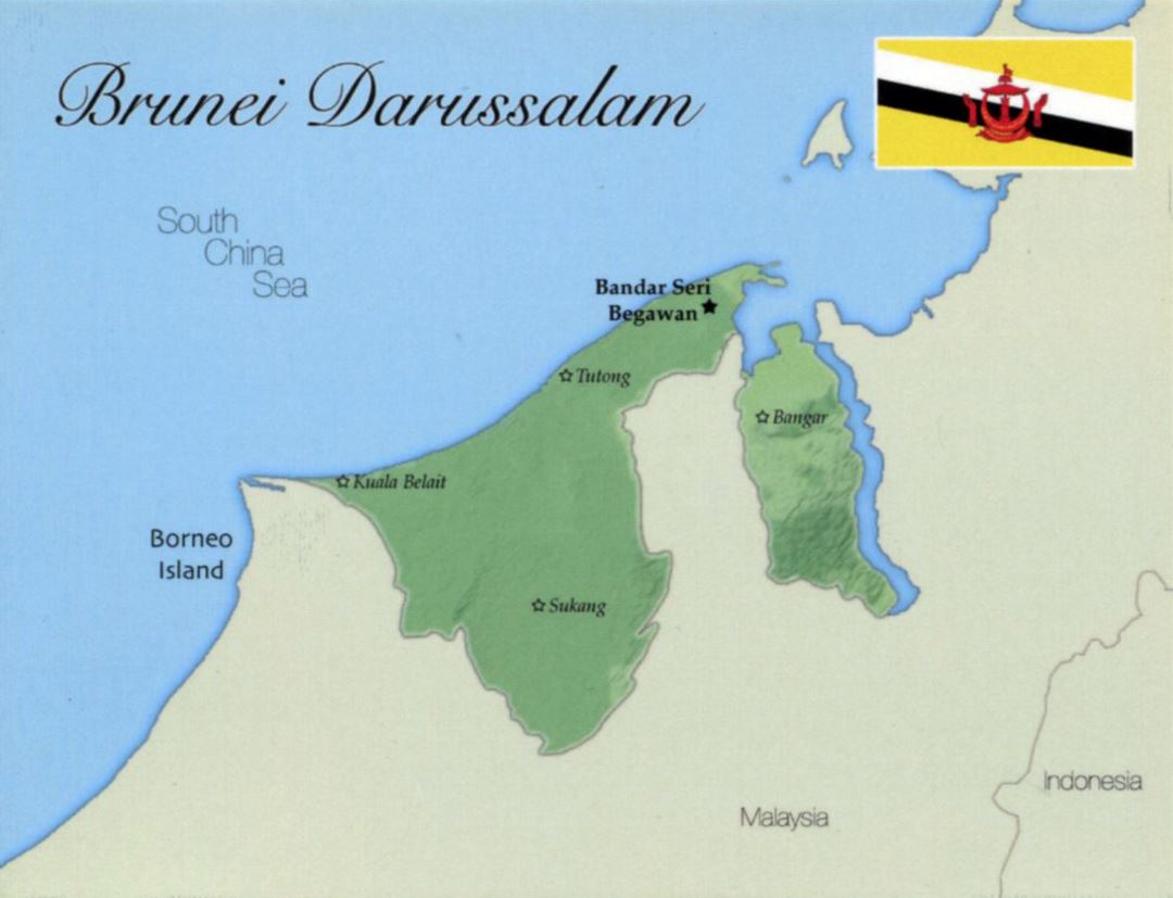 Detailed map of Brunei Darussalam with flag and major cities