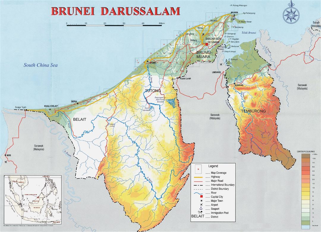 Large physical map of Brunei