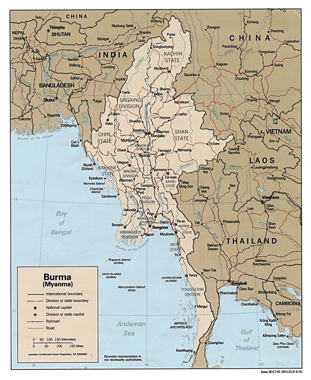 Detailed political and administrative map of Burma (Myanmar) - 1991