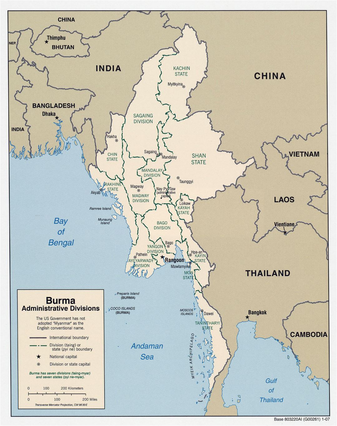 Large detailed administrative divisions map of Burma (Myanmar) - 2007