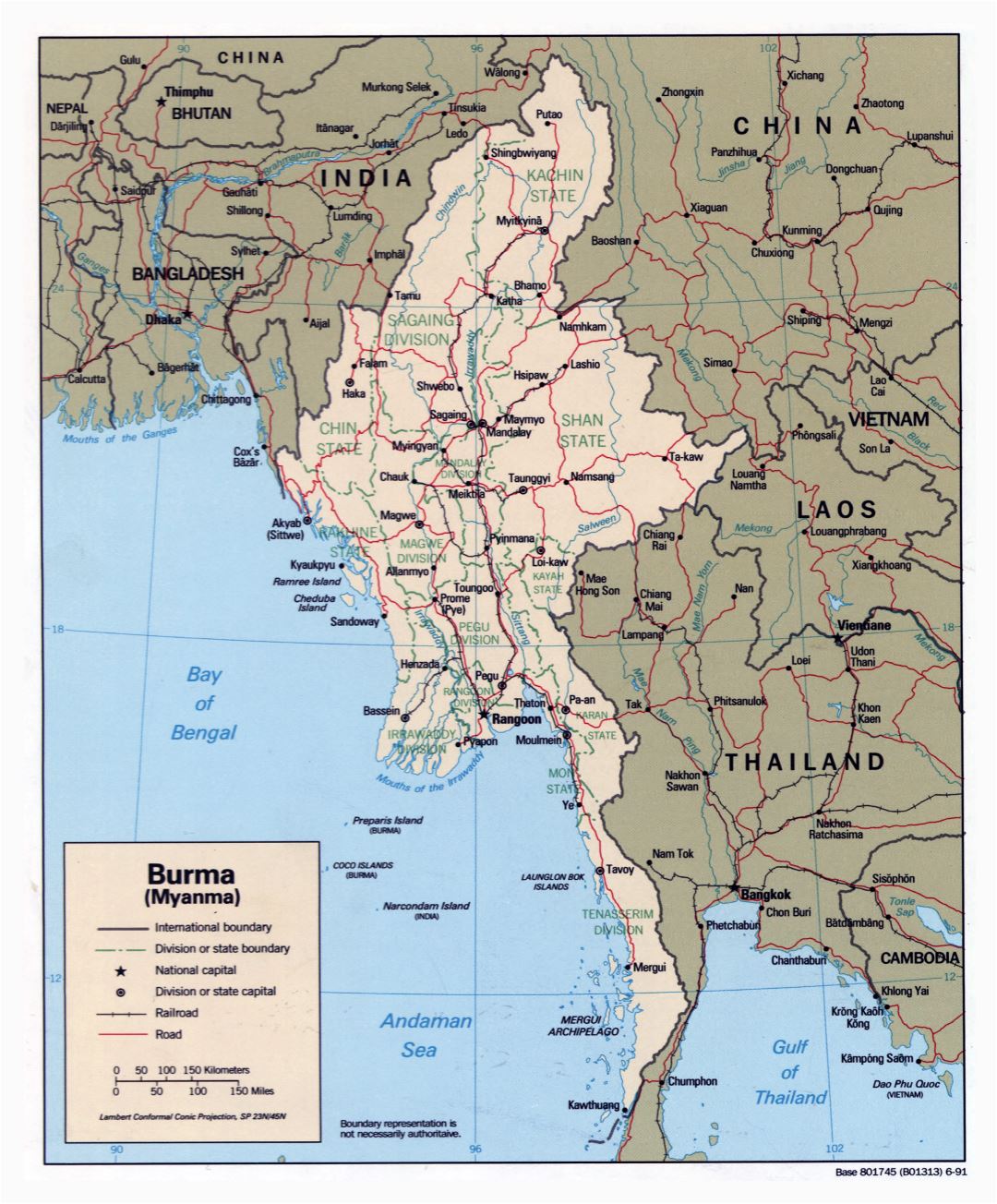 Large detailed political and administrative map of Burma (Myanmar) with roads, railroads and major cities - 1991
