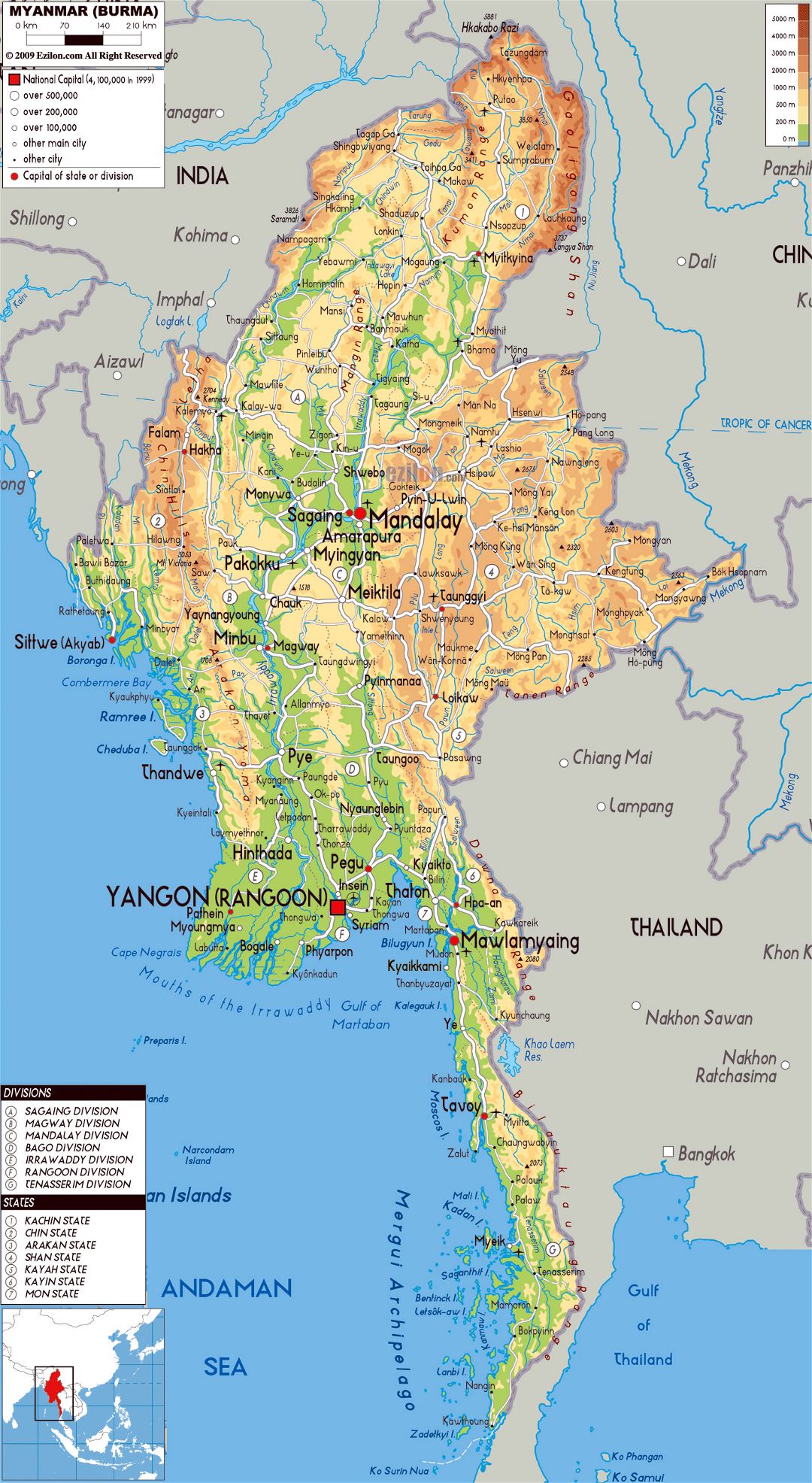 Large physical map of Myanmar with roads, cities and airports