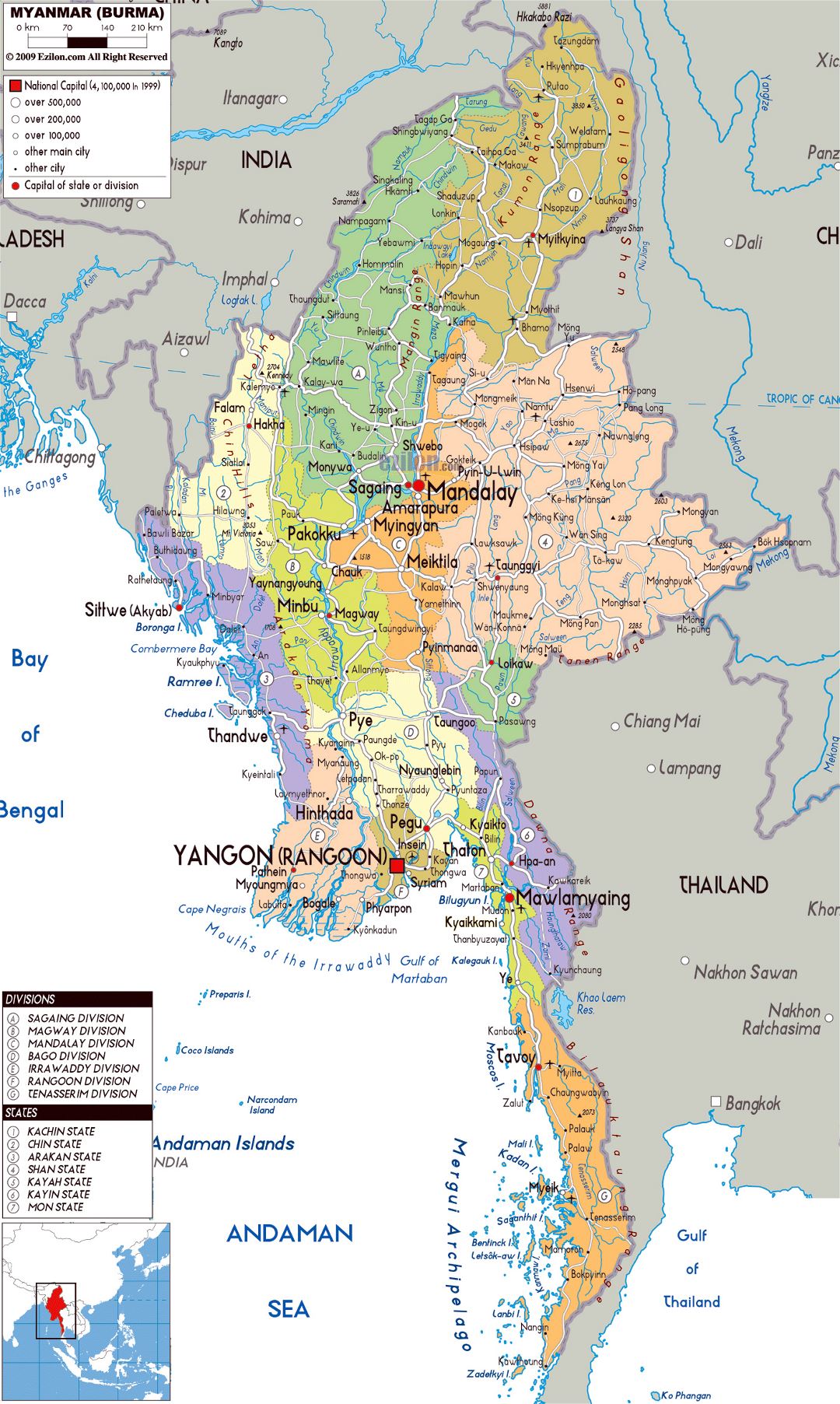 Large political and administrative map of Myanmar with roads, cities and airports