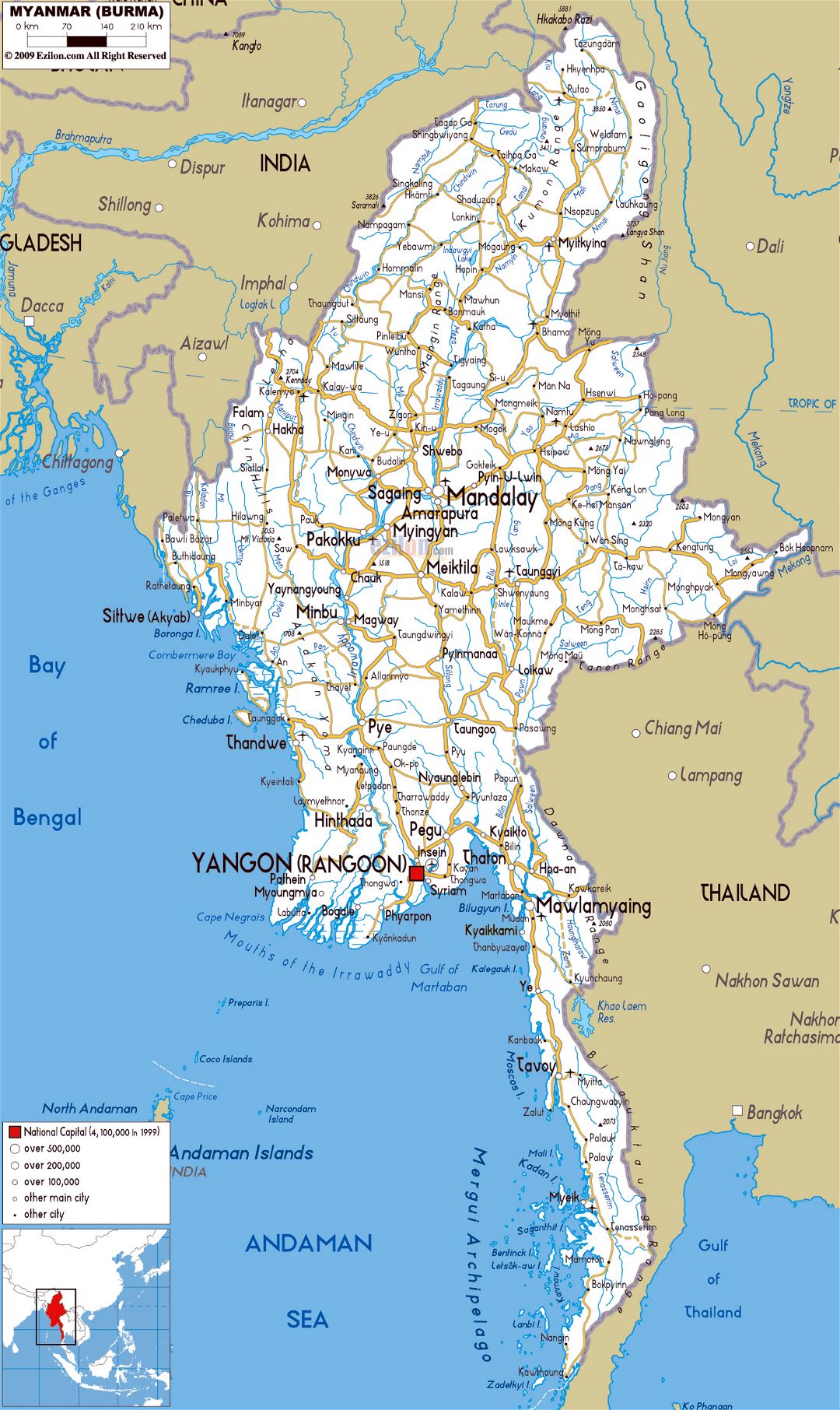 Large road map of Myanmar with cities and airports