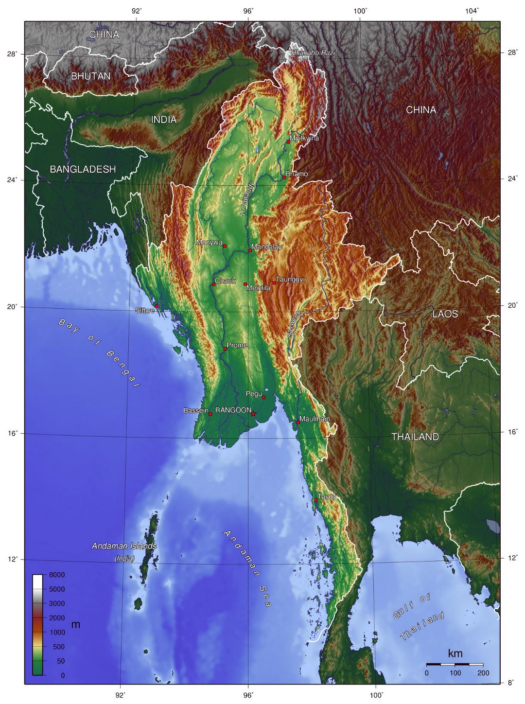 Large topographical map of Burma