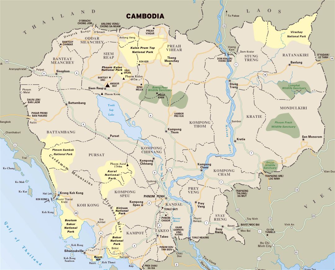 Large detailed national parks map of Cambodia with highways and major cities