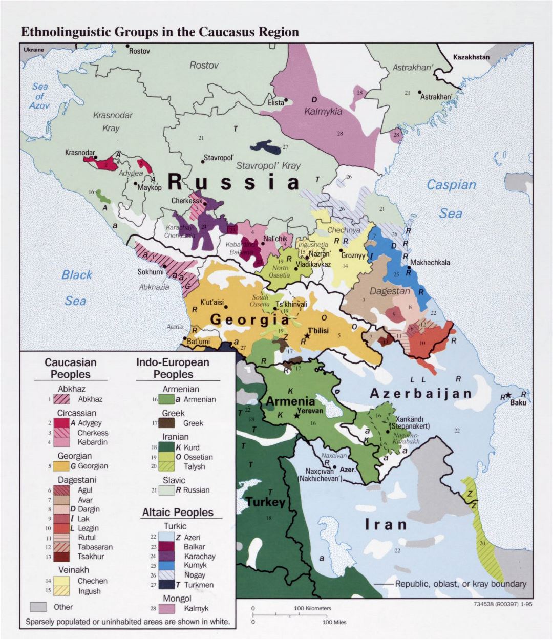 Large detailed map of Ethnolinguistic Groups in the Caucasus Region - 1995