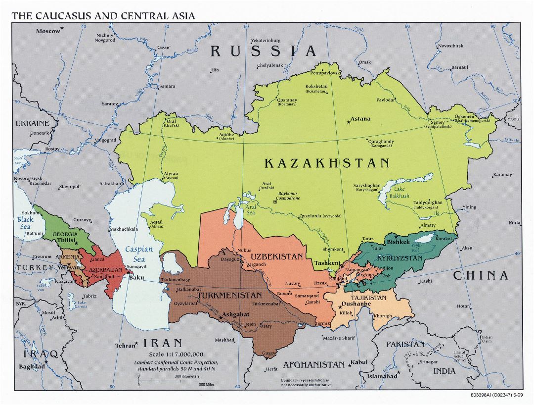 Large political map of the Caucasus and Central Asia - 2009