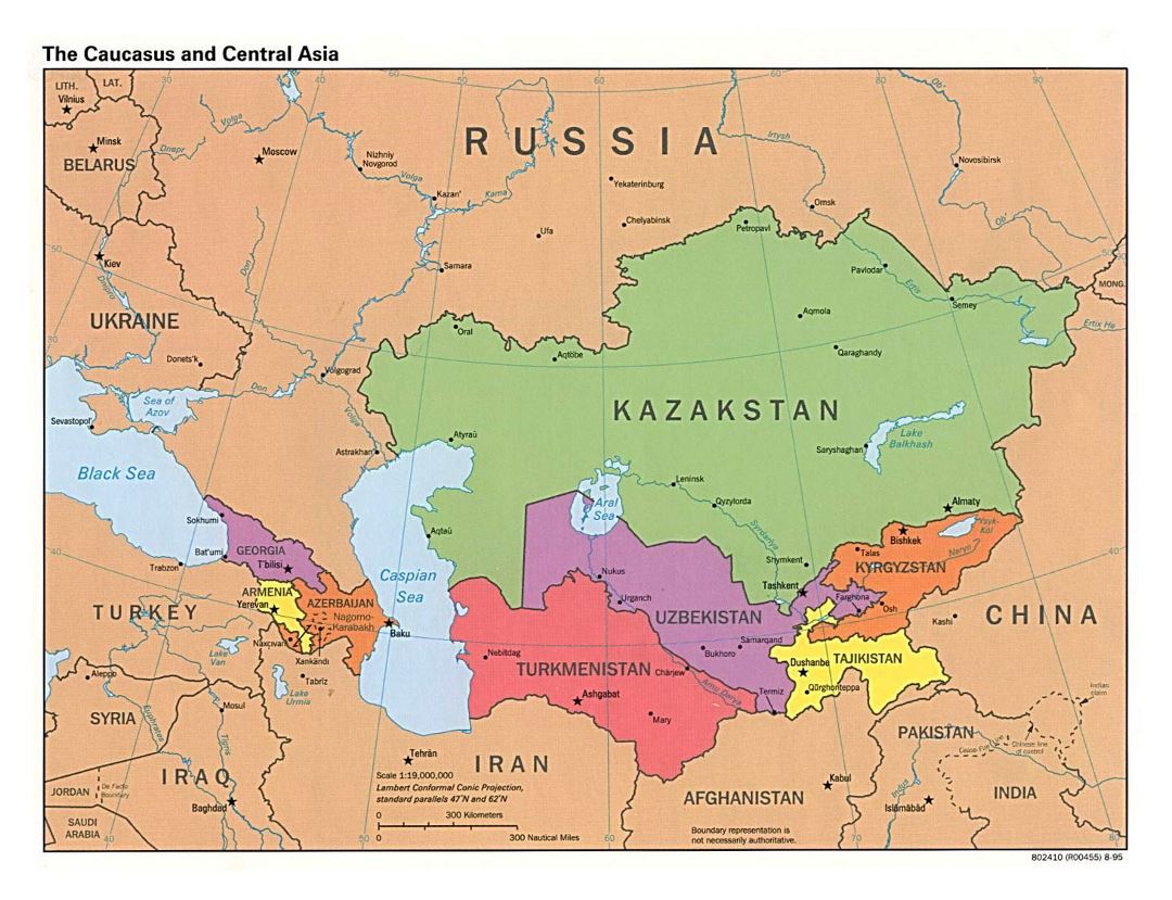 Large political map of the Caucasus and Central Asia with capitals - 1995
