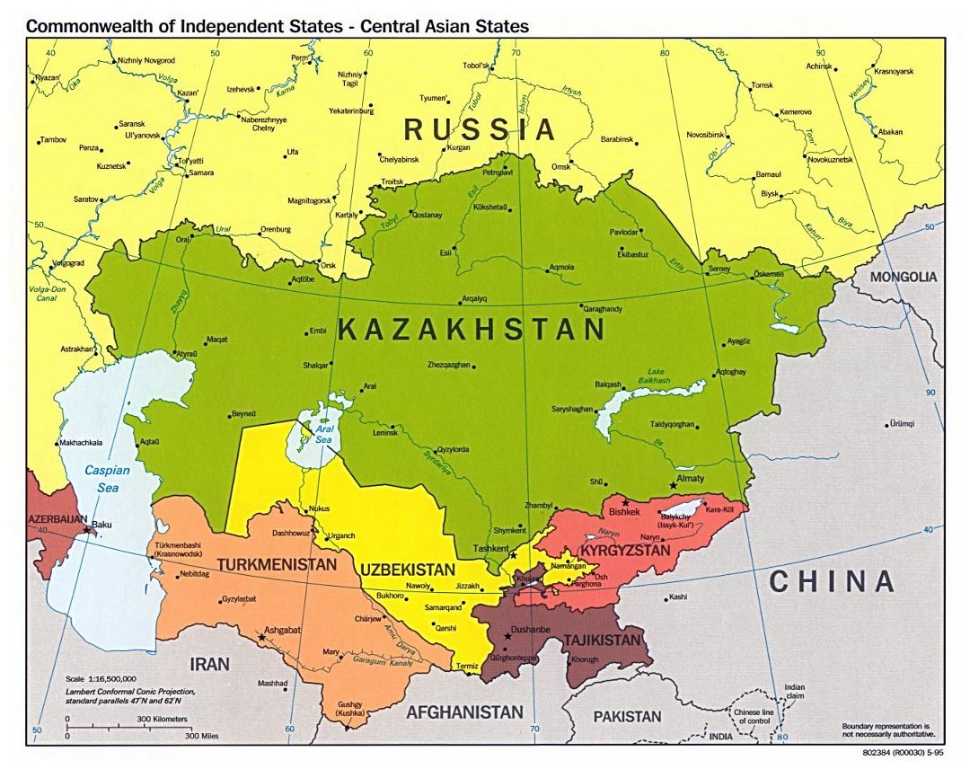 Large political map of Central Asian States with major cities - 1995