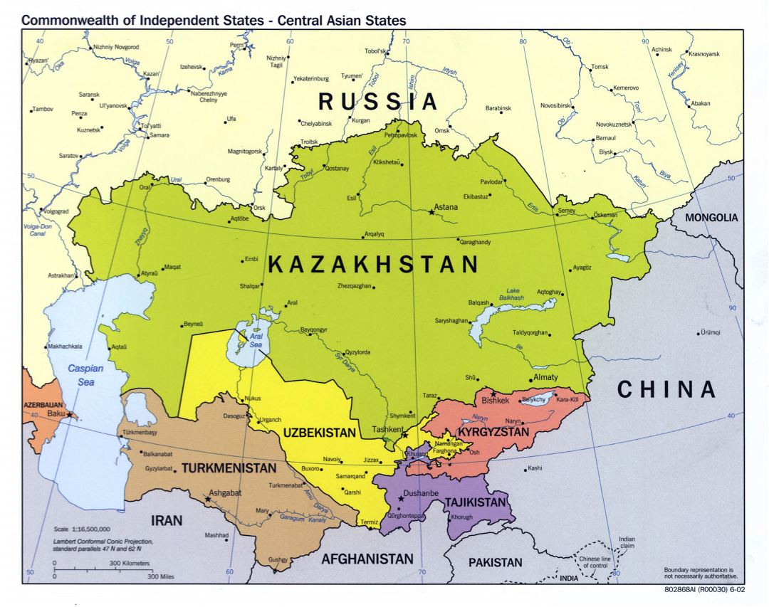 Large scale political map of Central Asian States - 2002