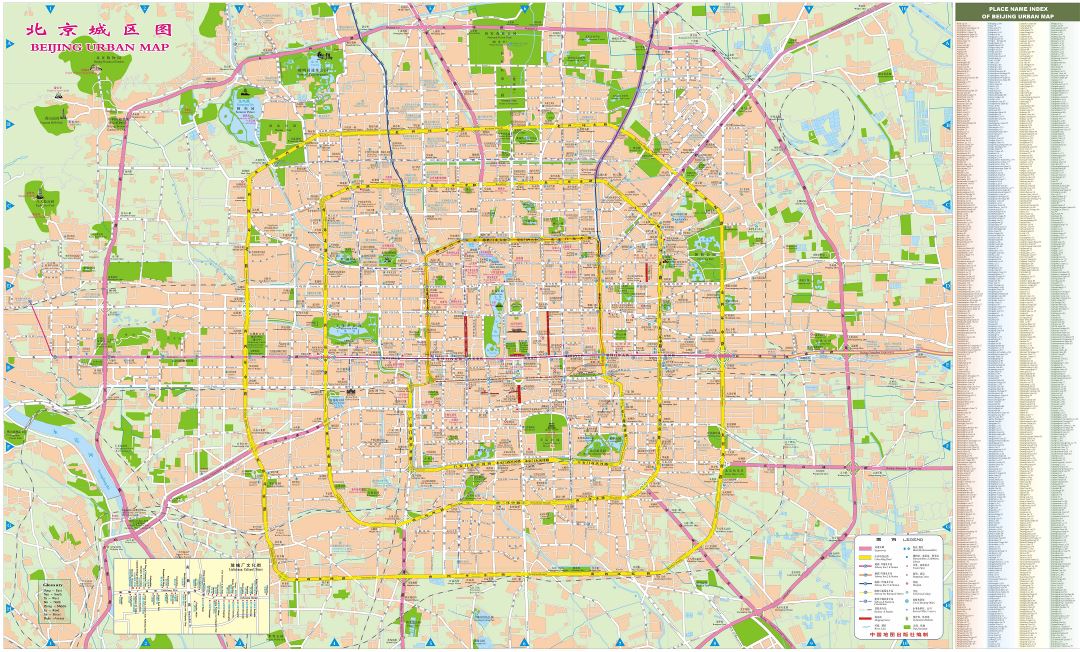 Large scale detailed street map of Beijing city