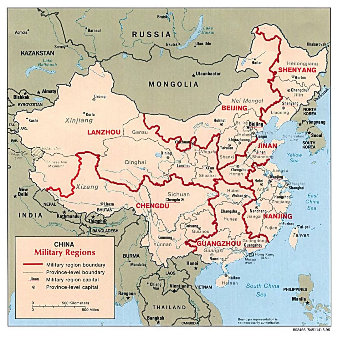 Detailed military regions map of China - 1996