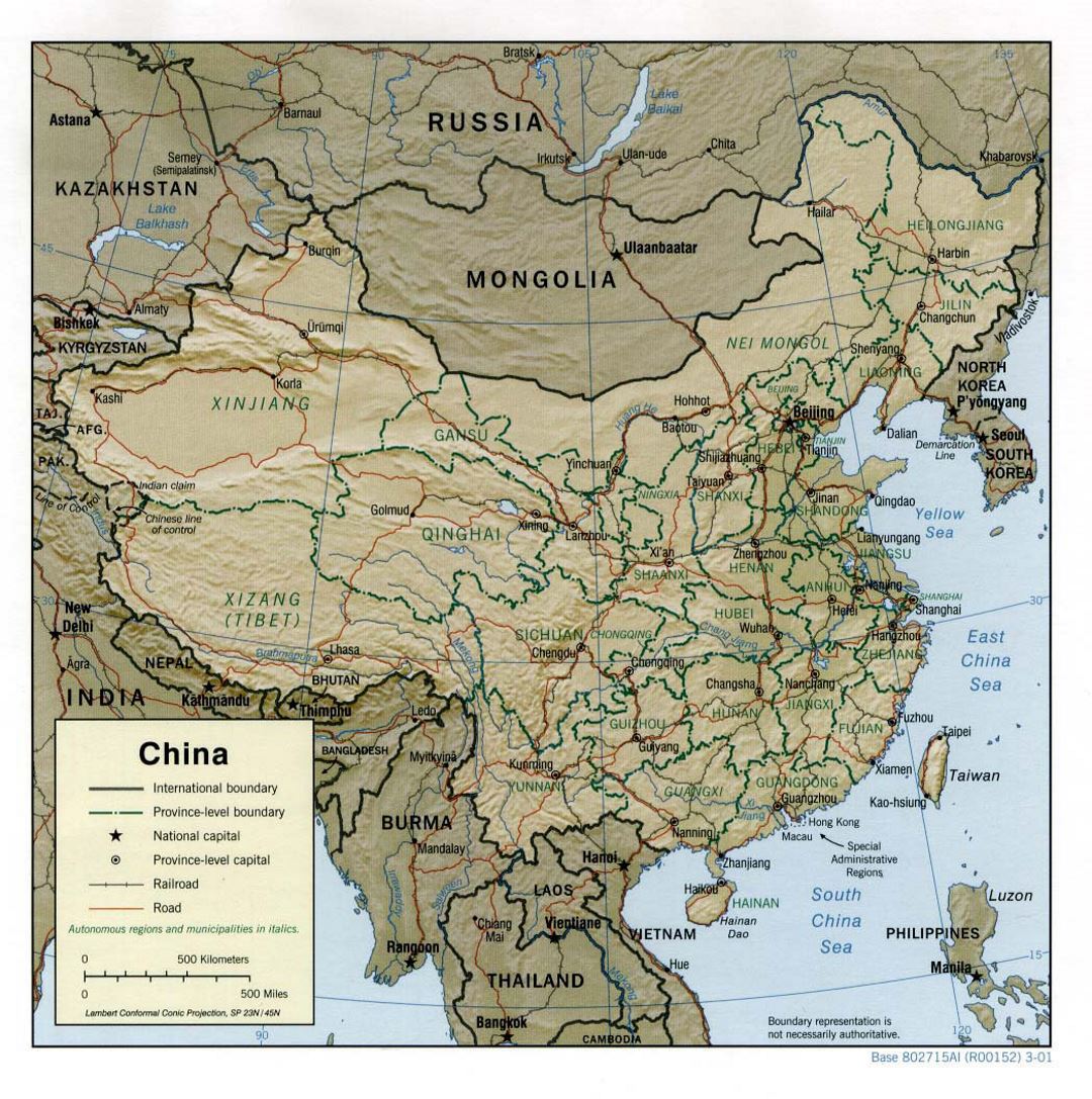 Detailed political and administrative map of China with relief, roads, railroads and major cities - 2001