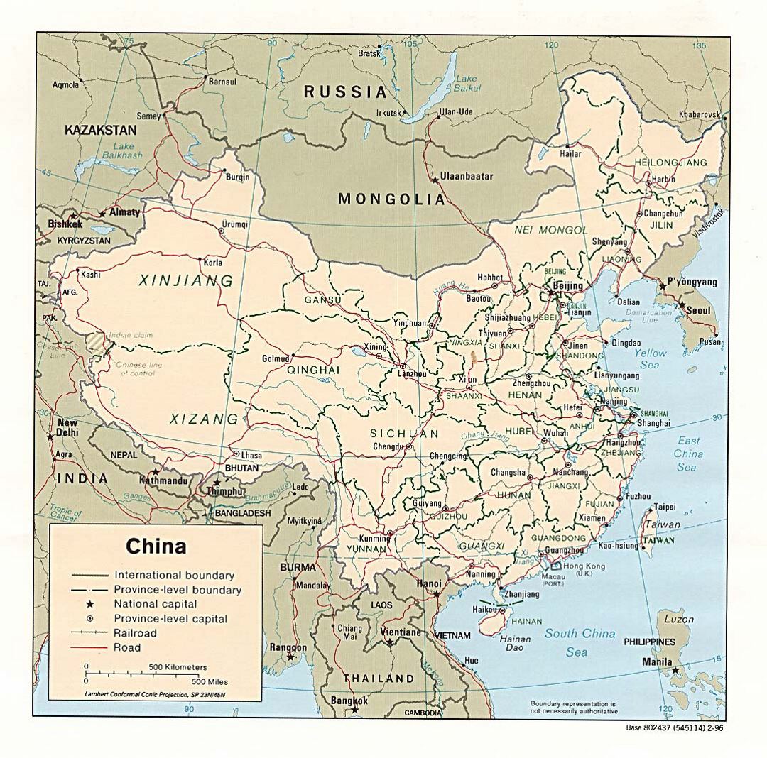 Detailed political and administrative map of China with roads, railroads and major cities - 1996
