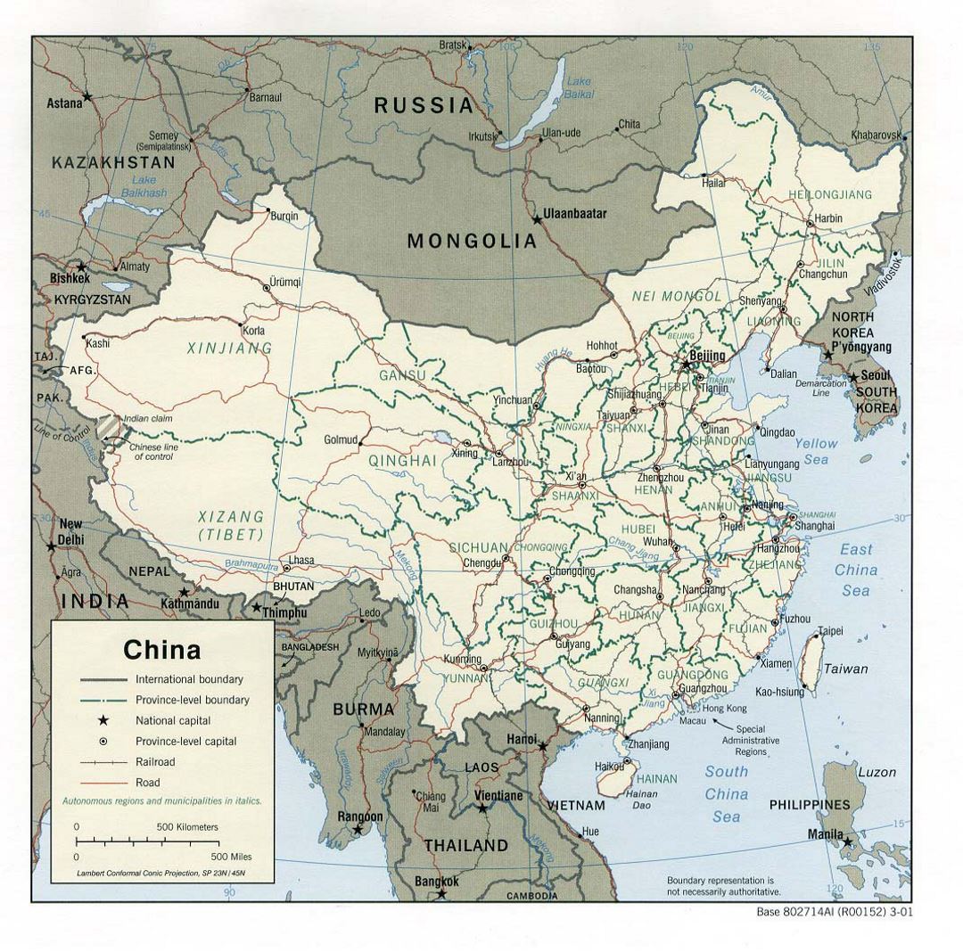 Detailed political and administrative map of China with roads, railroads and major cities - 2001