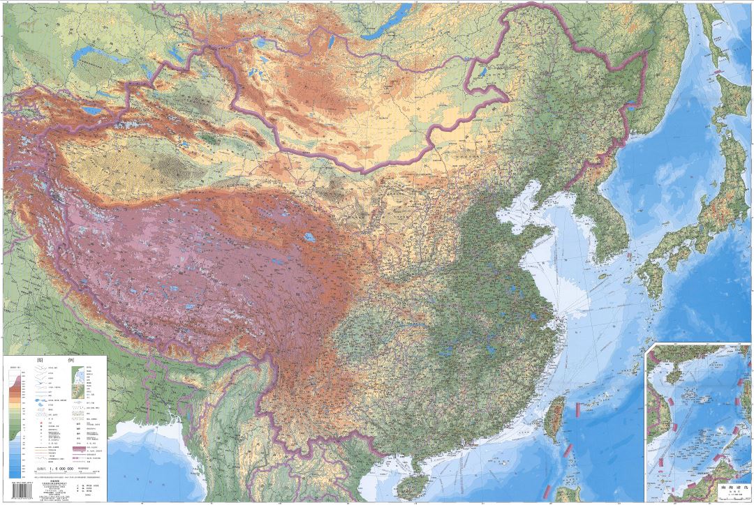 In high resolution detailed physical map of China in chinese