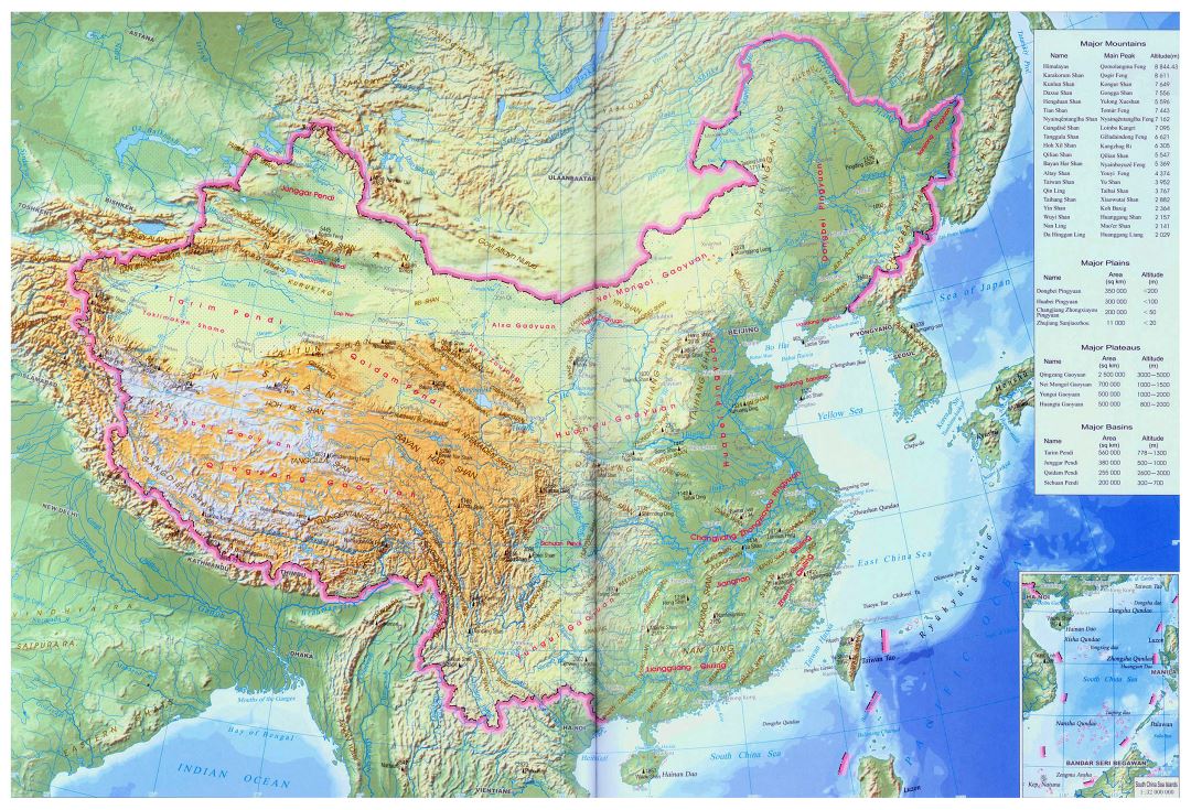Large China topographical map in english