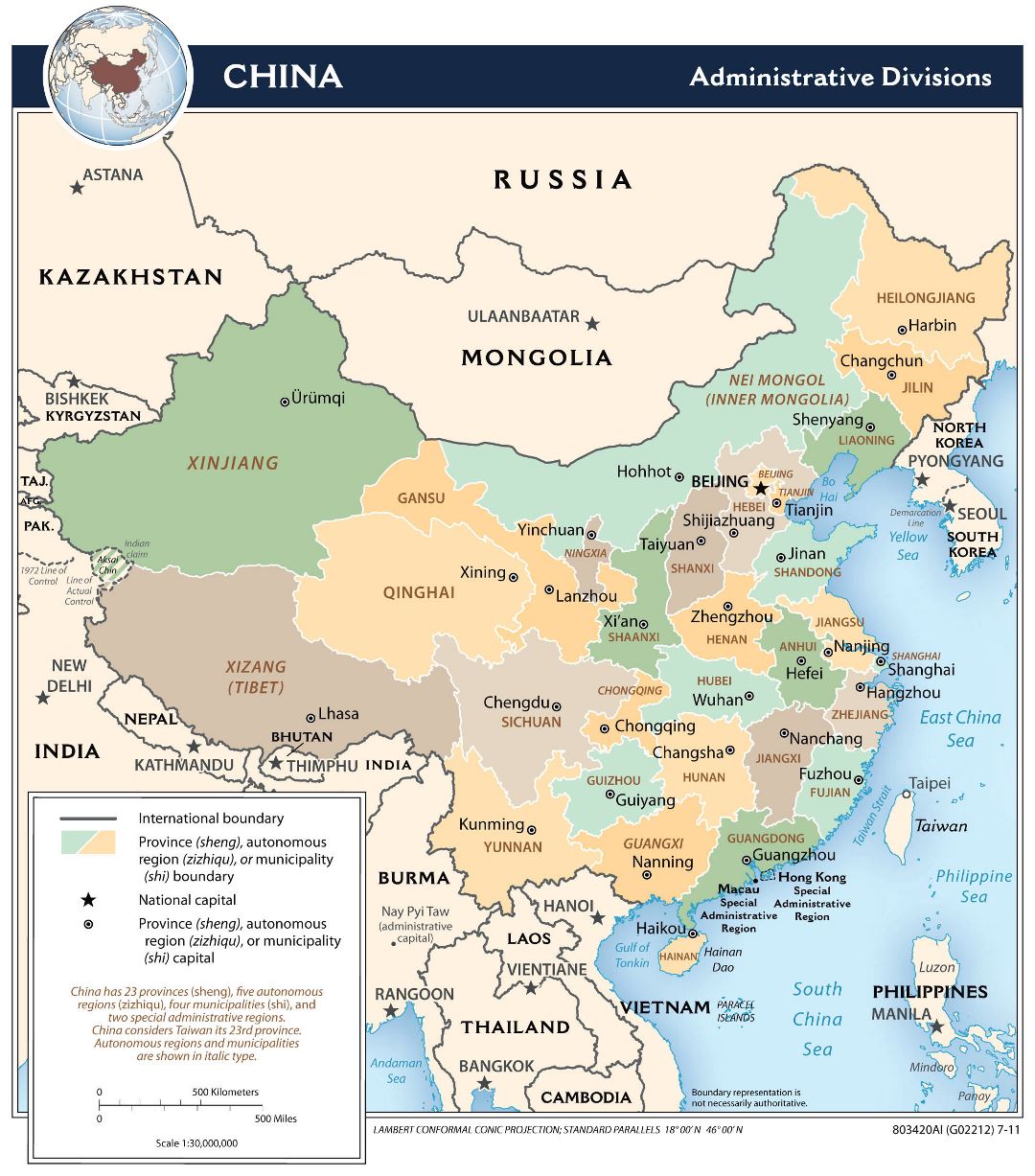 Large detailed administrative divisions map of China - 2011