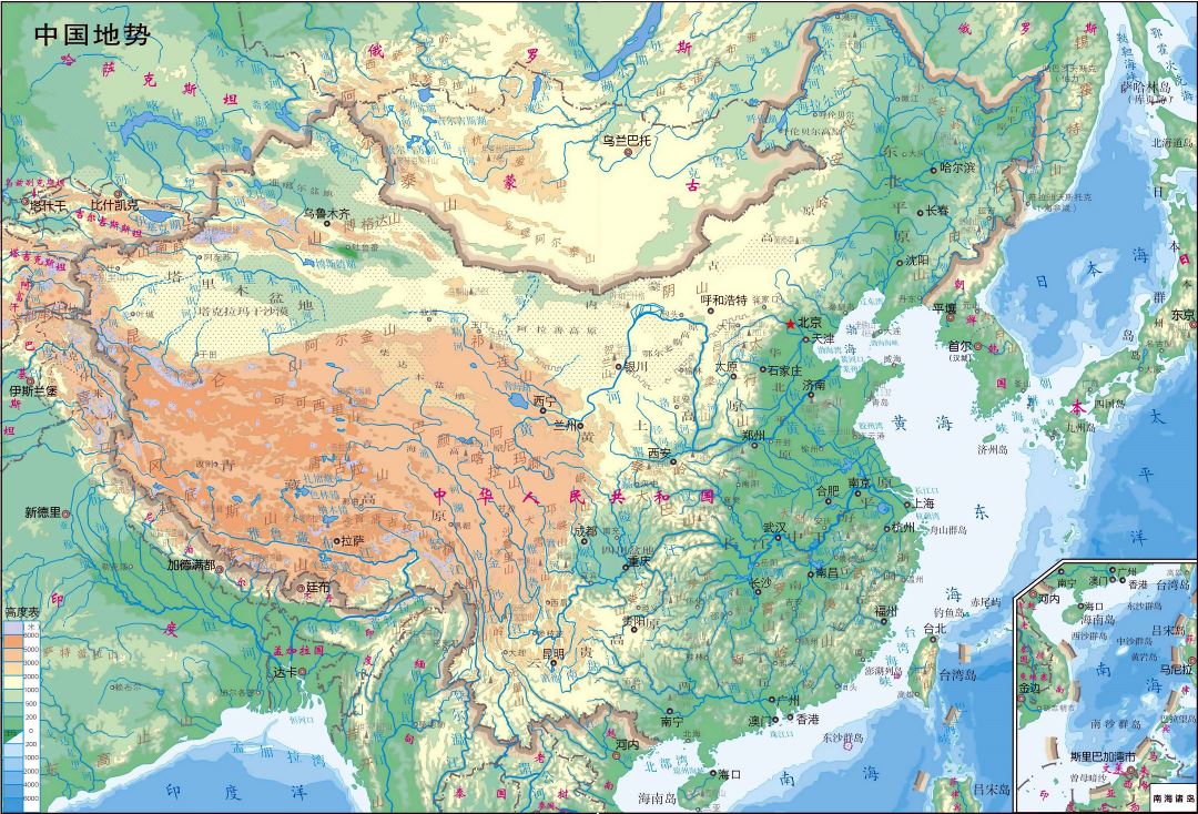 Large detailed physical map of China in chinese