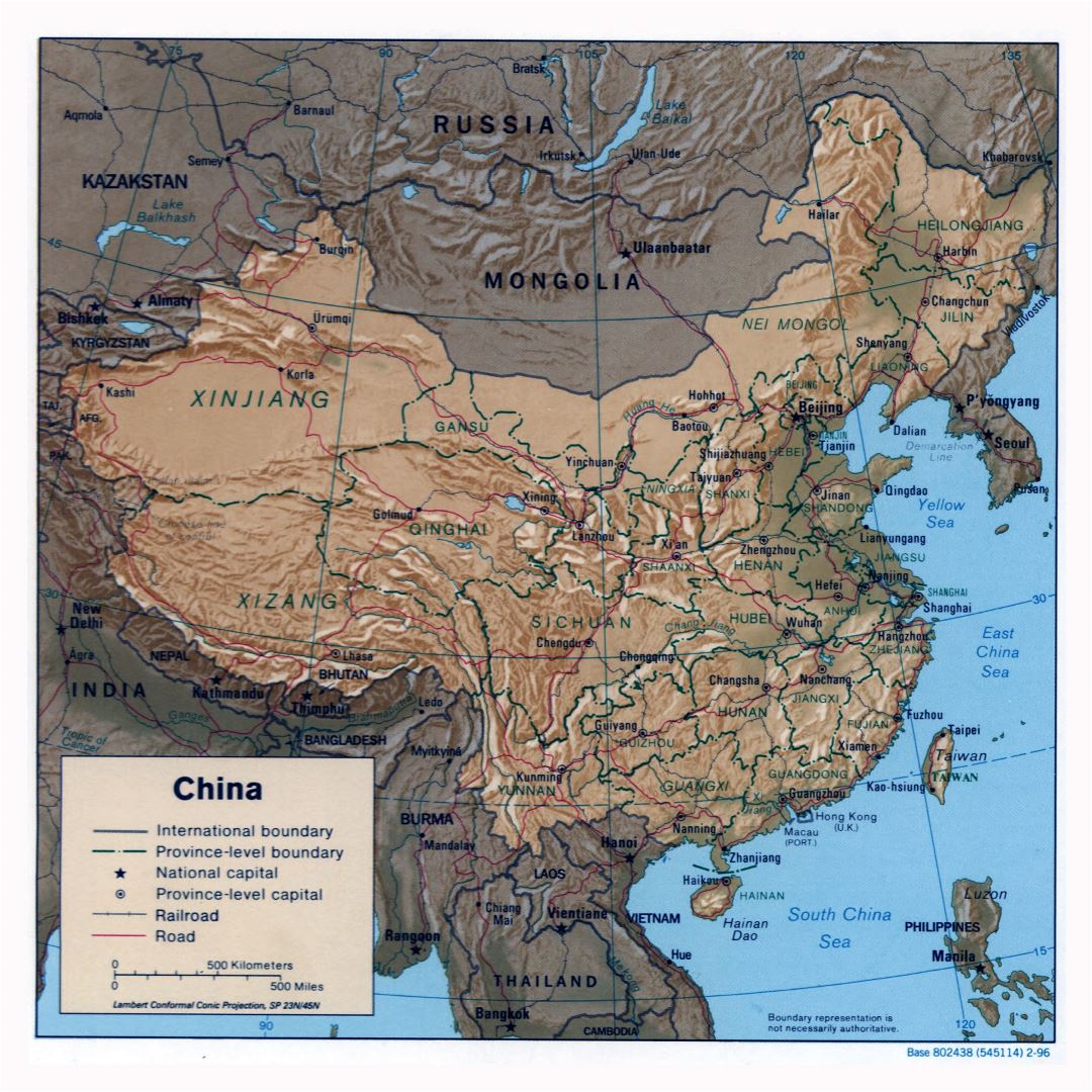 Large detailed political and administrative map of China with relief, roads, railroads and major cities - 1996