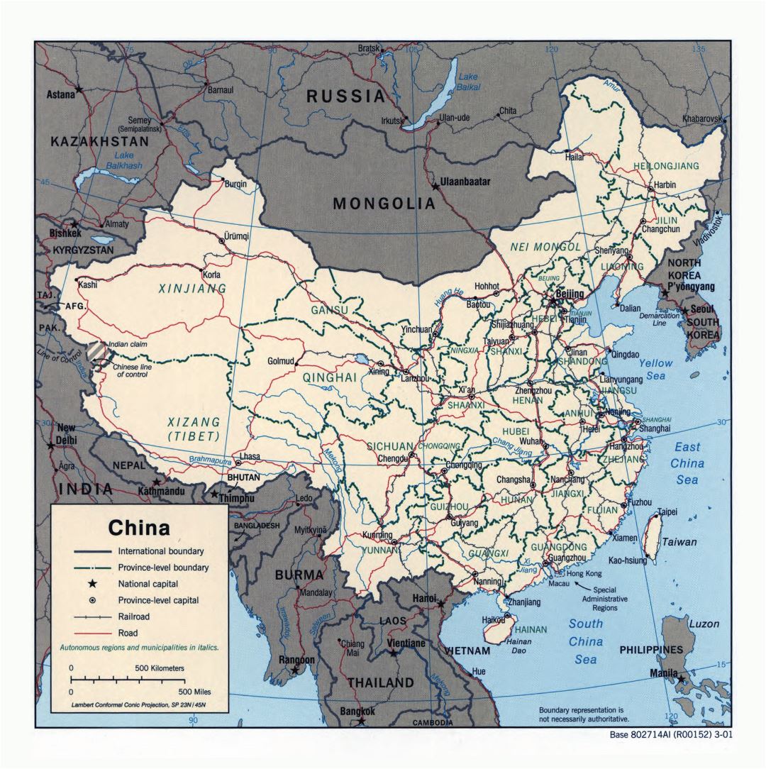 Large detailed political and administrative map of China with roads, railroads and major cities - 2001