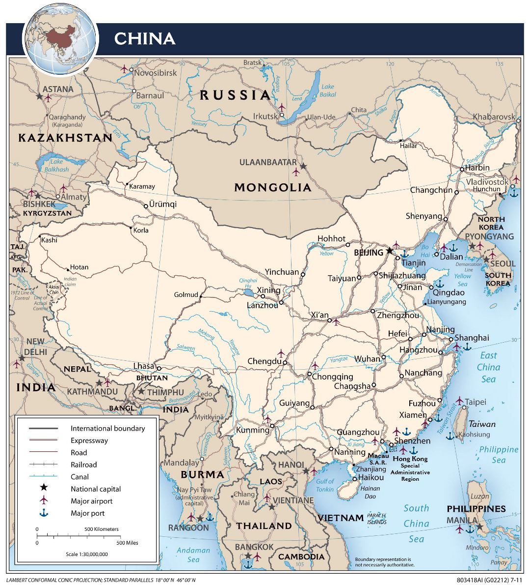 Large detailed political map of China with roads, railroads, major cities, ports, airports and other marks - 2011