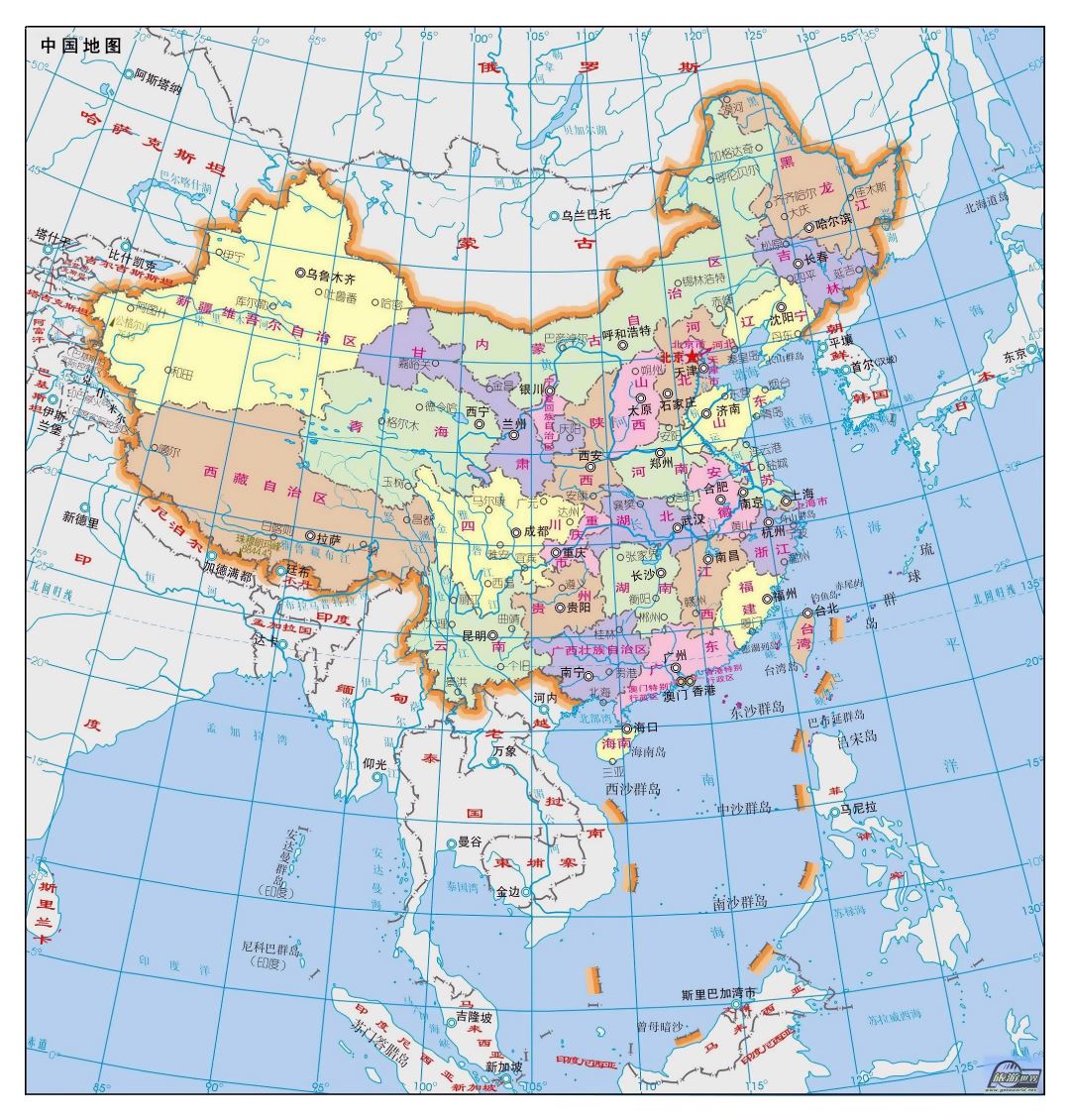 Large political and administrative map of China in chinese