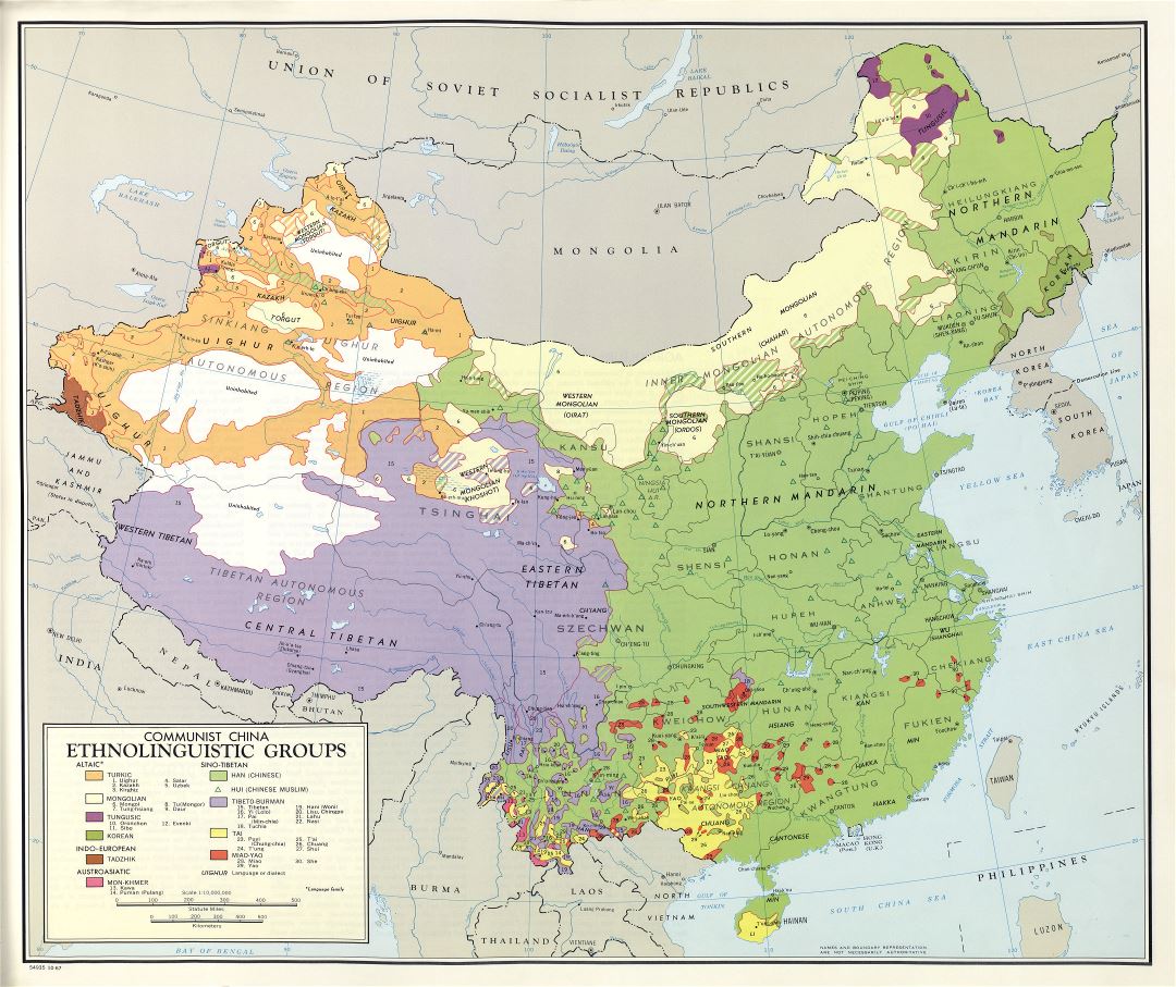 Large scale detailed ethnolinguistic groups map of Communist China - 1967