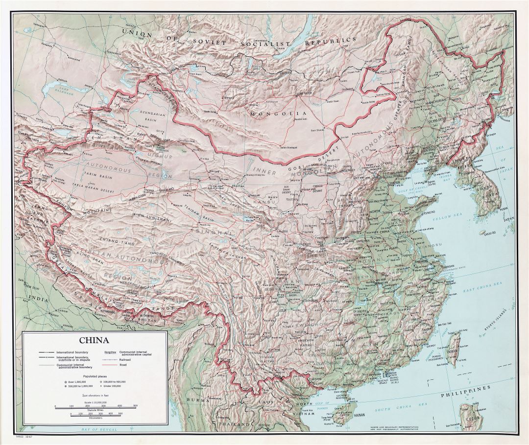 Large scale detailed political and administrative map of China with relief, all cities, roads and railroads - 1967