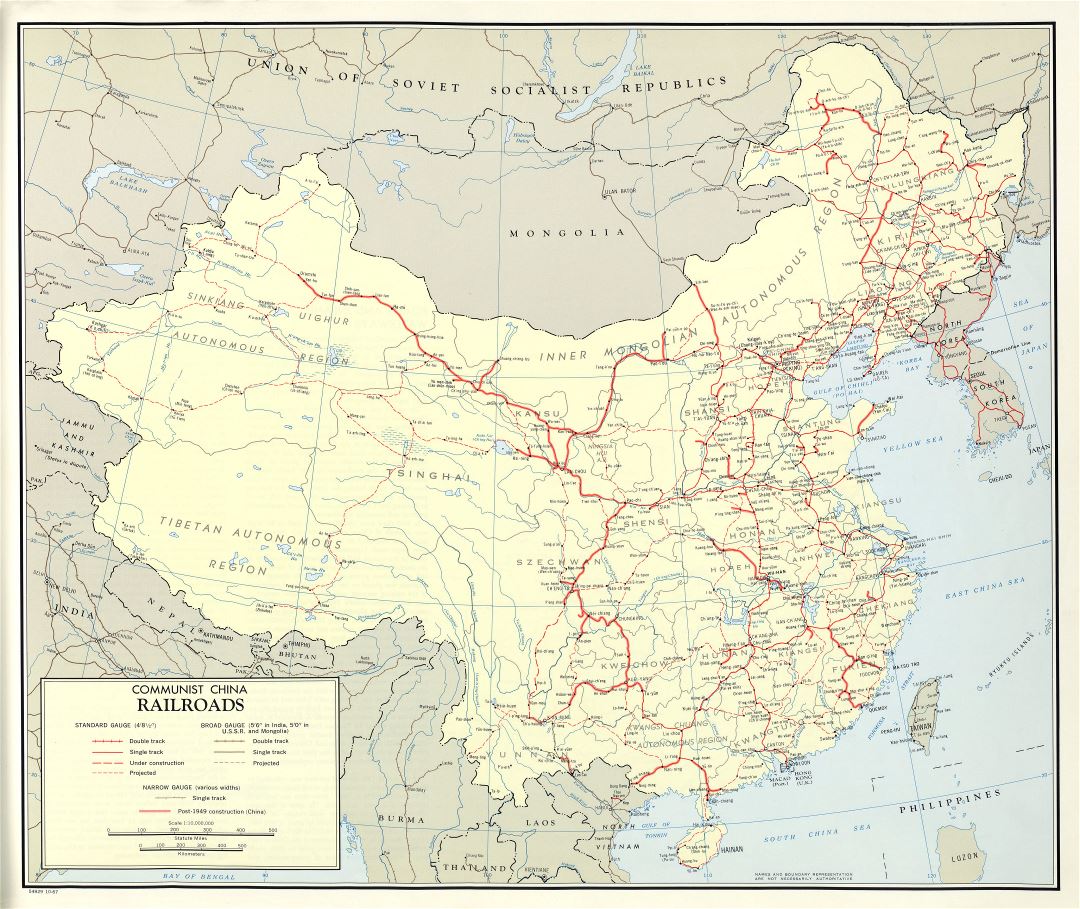 Large scale detailed railroads map of Communist China - 1967