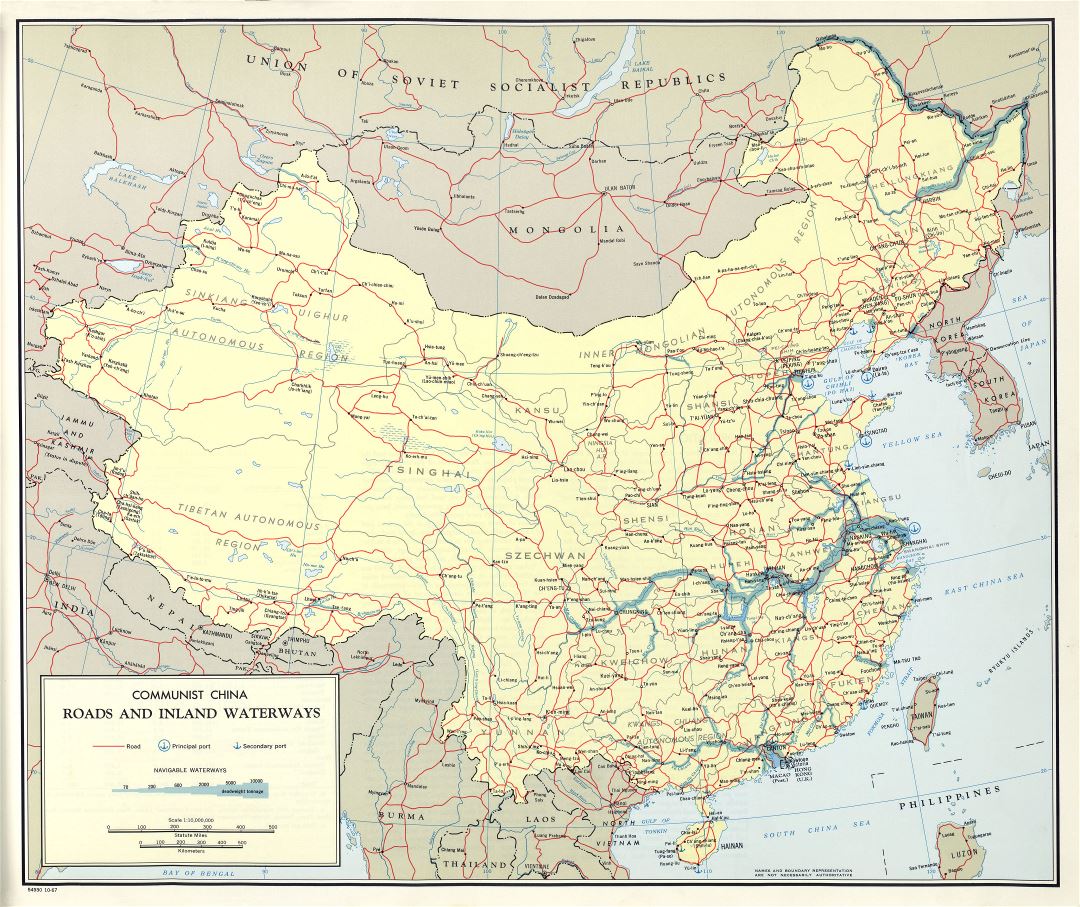Large scale detailed roads and inland waterways map of Communist China - 1967