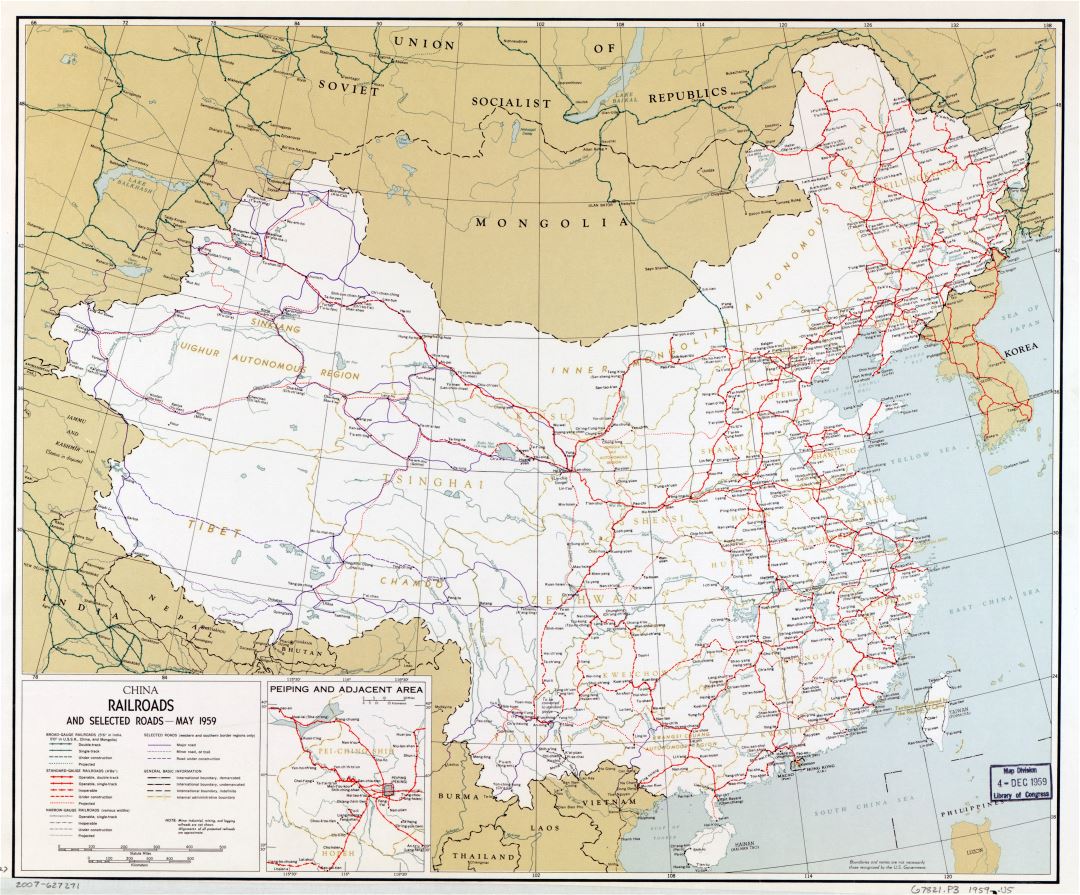 Large scale railroads and selected roads map of China - 1959