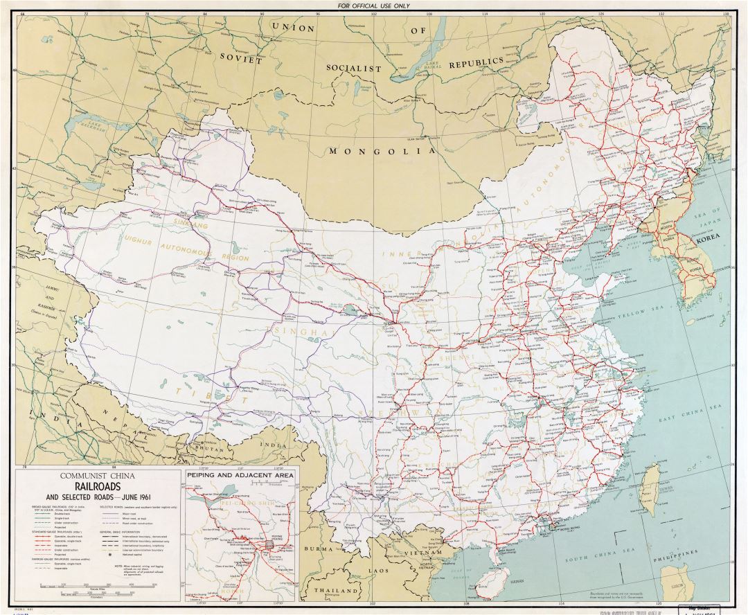 Large scale railroads map of Communist China - 1961